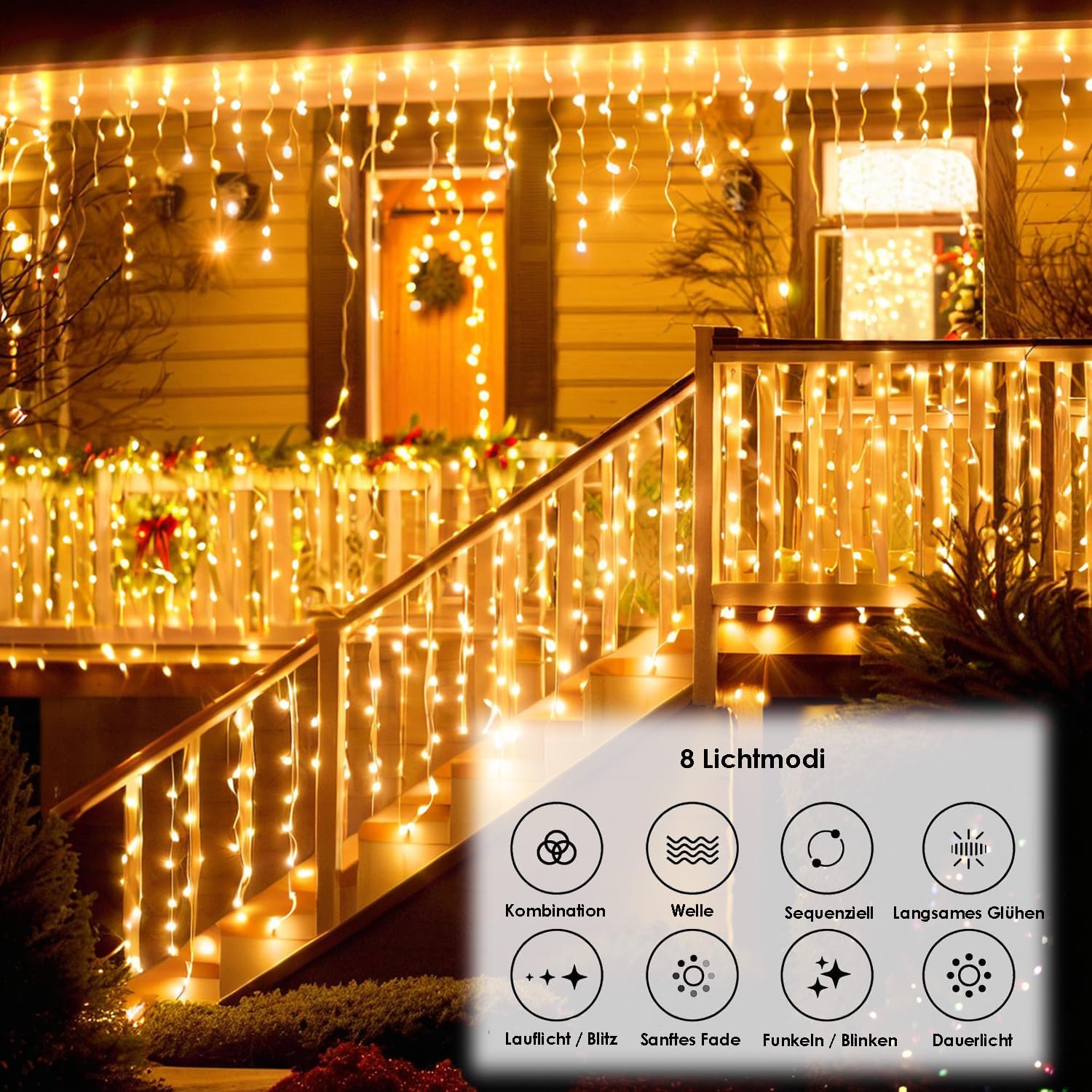 Thumbnail 1 de YJY LIGHT Eisregen Lichterkette LED in Warmweiß (2500K) – 5 m Lichtvorhang mit 200 LEDs, 8 Modi, Timer & Memory, IP44