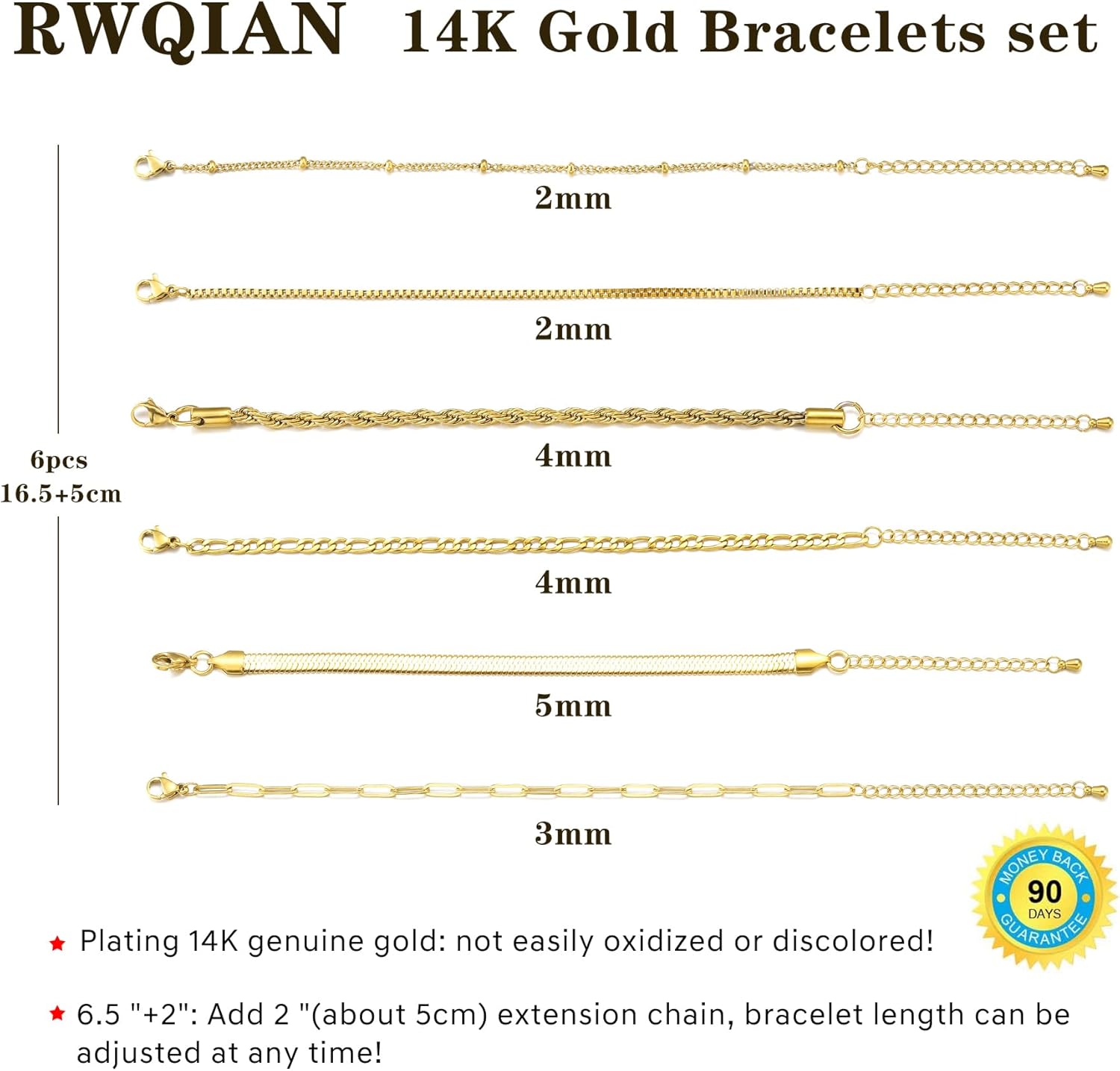 Thumbnail 6 de RWQIAN Armband-Set Damen Silber/Gold – 5–6 Stücke, verstellbar, 316L Edelstahl, 14K Vergoldet