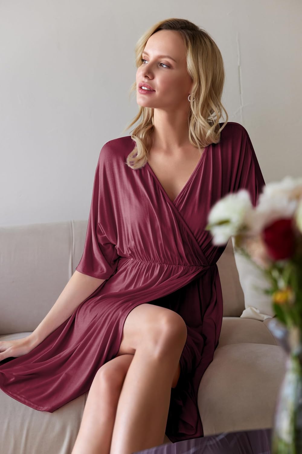 Detalle de Ekouaer AMK005435 3-in-1 Maternity Nursing Gown with Split Front Flap