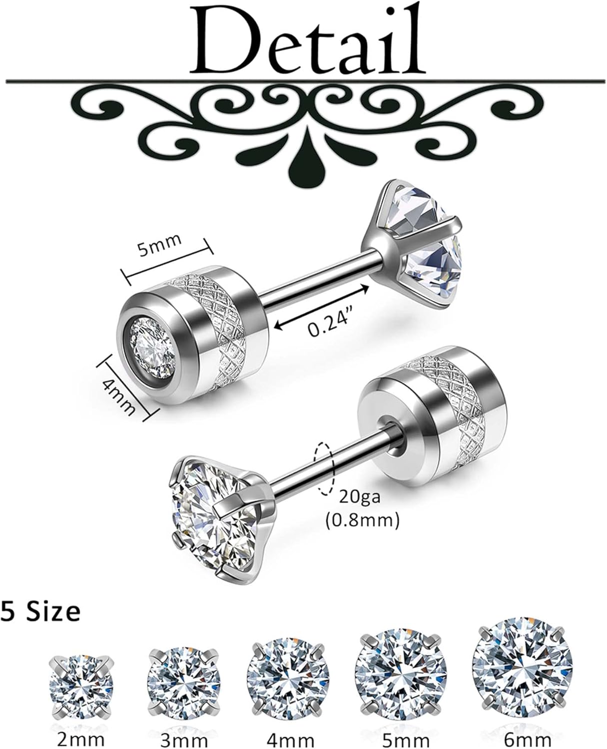 Thumbnail 5 de JSDDE 5 Pairs Screw Back Stainless Steel Cubic Zirconia Stud Earrings – 2mm to 6mm