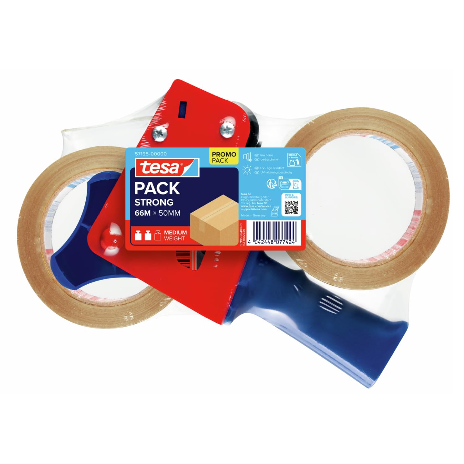 Detalle de tesa tesapack STRONG packtejpset med handdispenser, 2 rullar 66 m x 50 mm