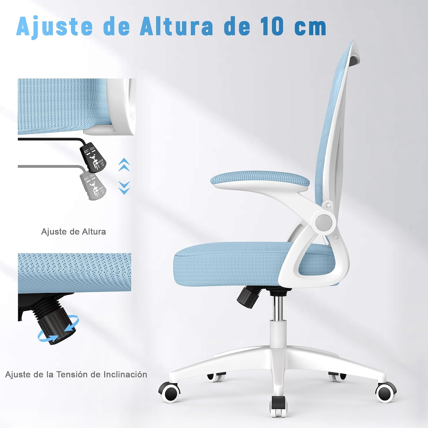 Detalle de rattantree Bürostuhl mit Lendenwirbelstütze, atmungsaktiver Netzrückenlehne & höhenverstellbaren Armlehnen (blau)