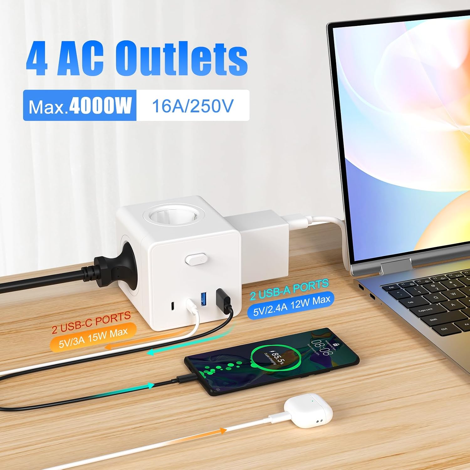 Thumbnail 5 de Steckdosenwürfel mit 4 USB – Steckdosenleiste mit 4 Schuko, 2×USB-A und 2×USB-C, Schalter, 3 m Kabel, weiß