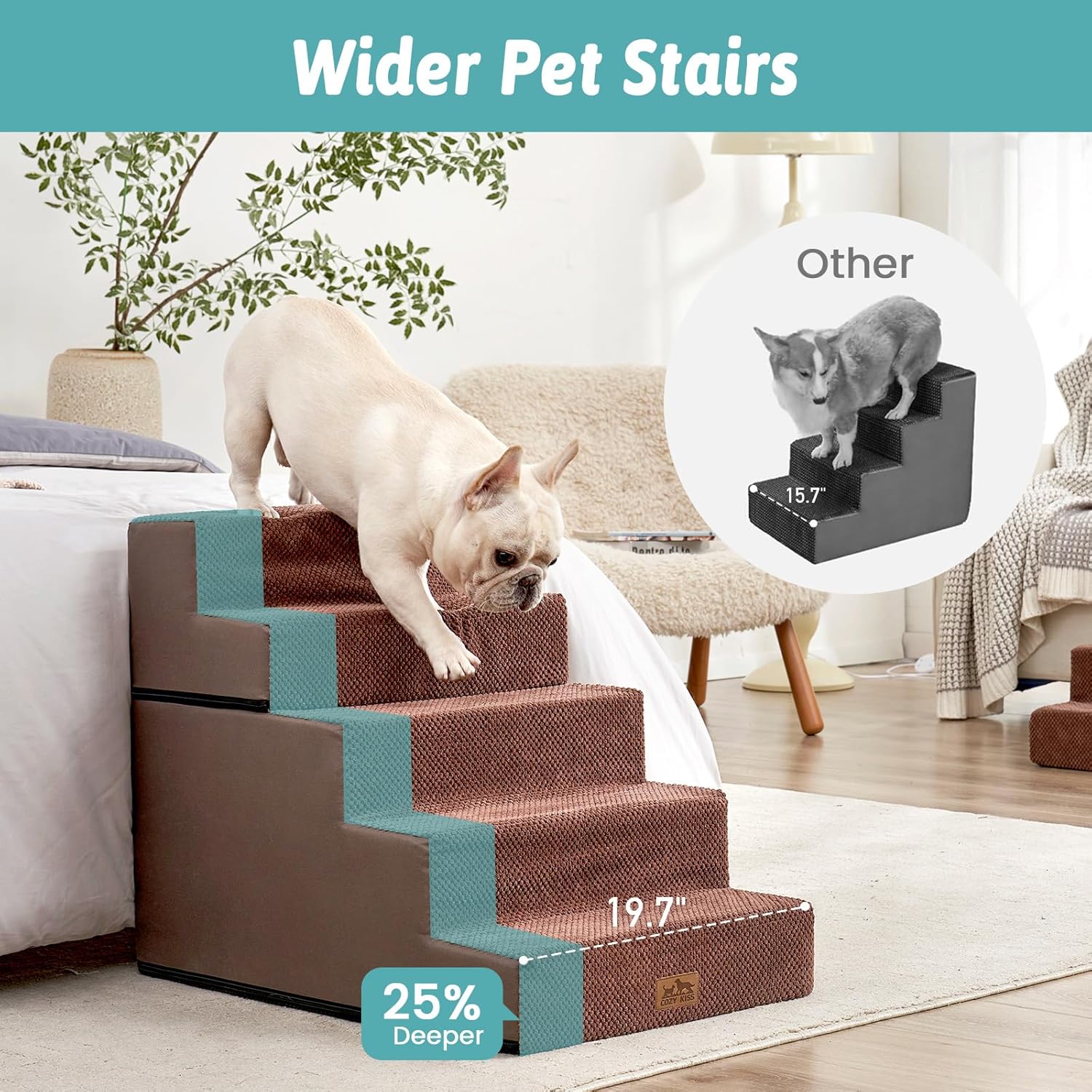 Thumbnail 2 de COZY KISS Wide Dog Stairs for Bed & Sofa: 5-Step, 50cm Wide, Non-Slip & Washable