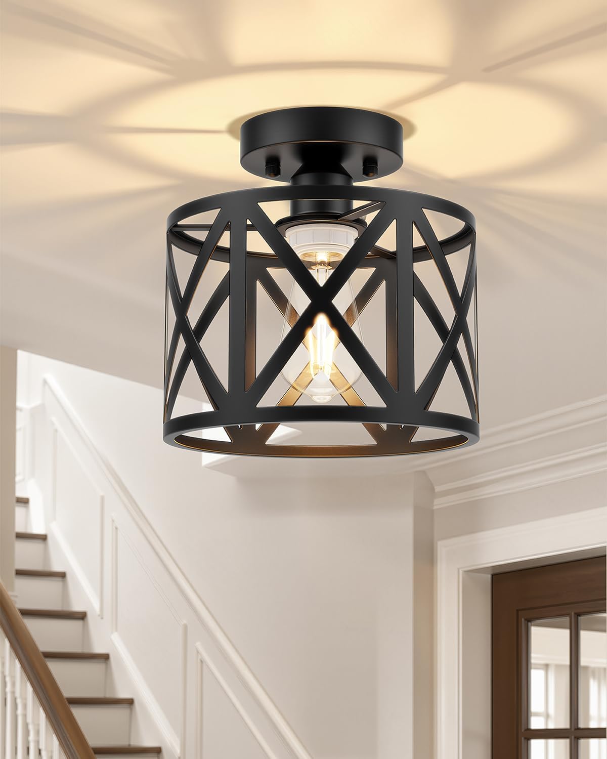 Detalle de BLNAN 00 316 – lampa sufitowa E27, czarny metalowy klosz typu klatka, 22 cm