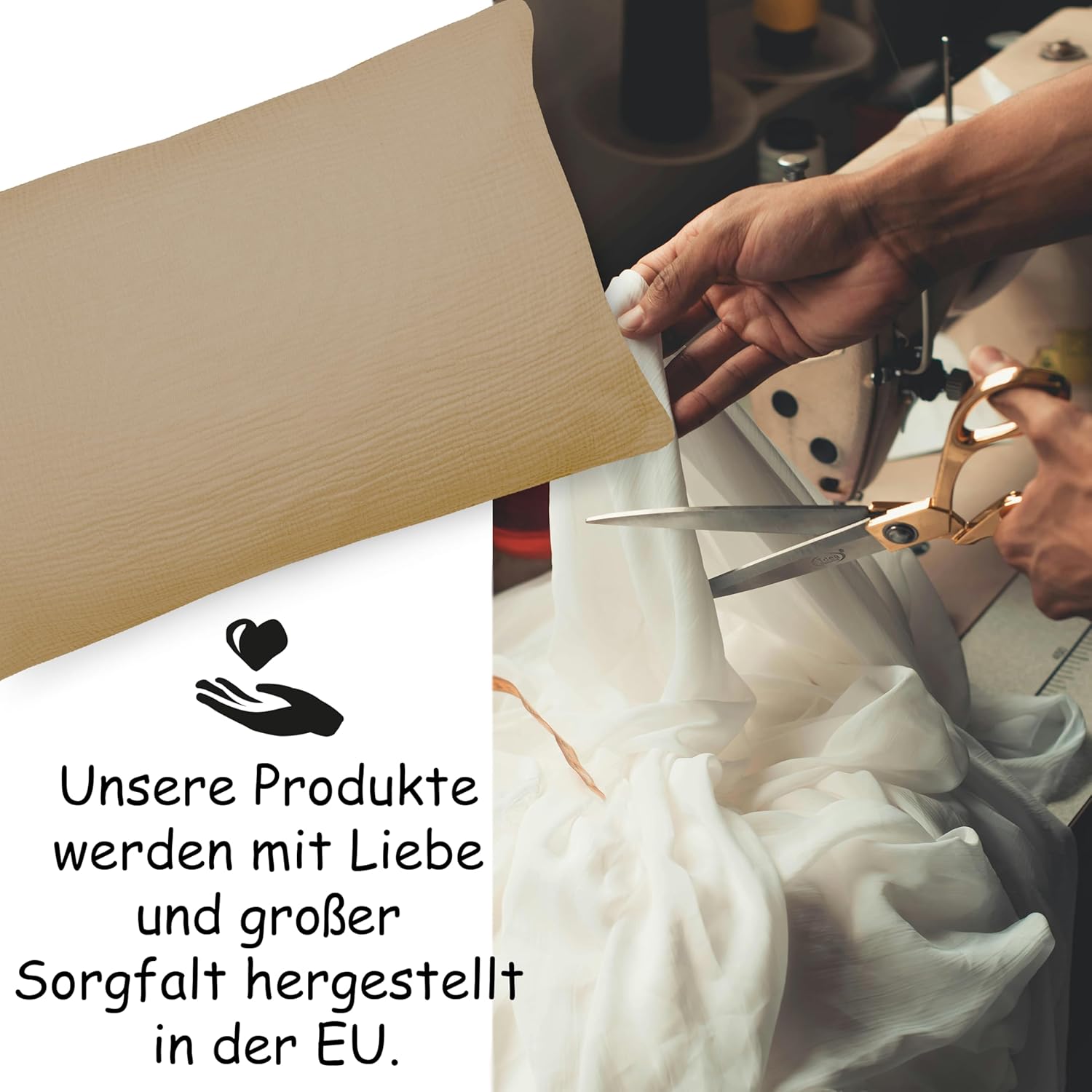 Thumbnail 4 de PinkZebra Bio-Musselin Kopfkissenbezug 40 x 80 cm (ÖkoTex/GOTS), mit Reißverschluss, beige