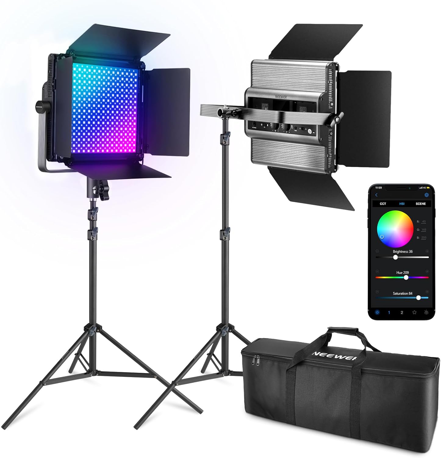 Detalle de NEEWER 2 Pack RGB1200 LED Video Lights with APP/2.4G Control – Versatile Studio Lighting Kit