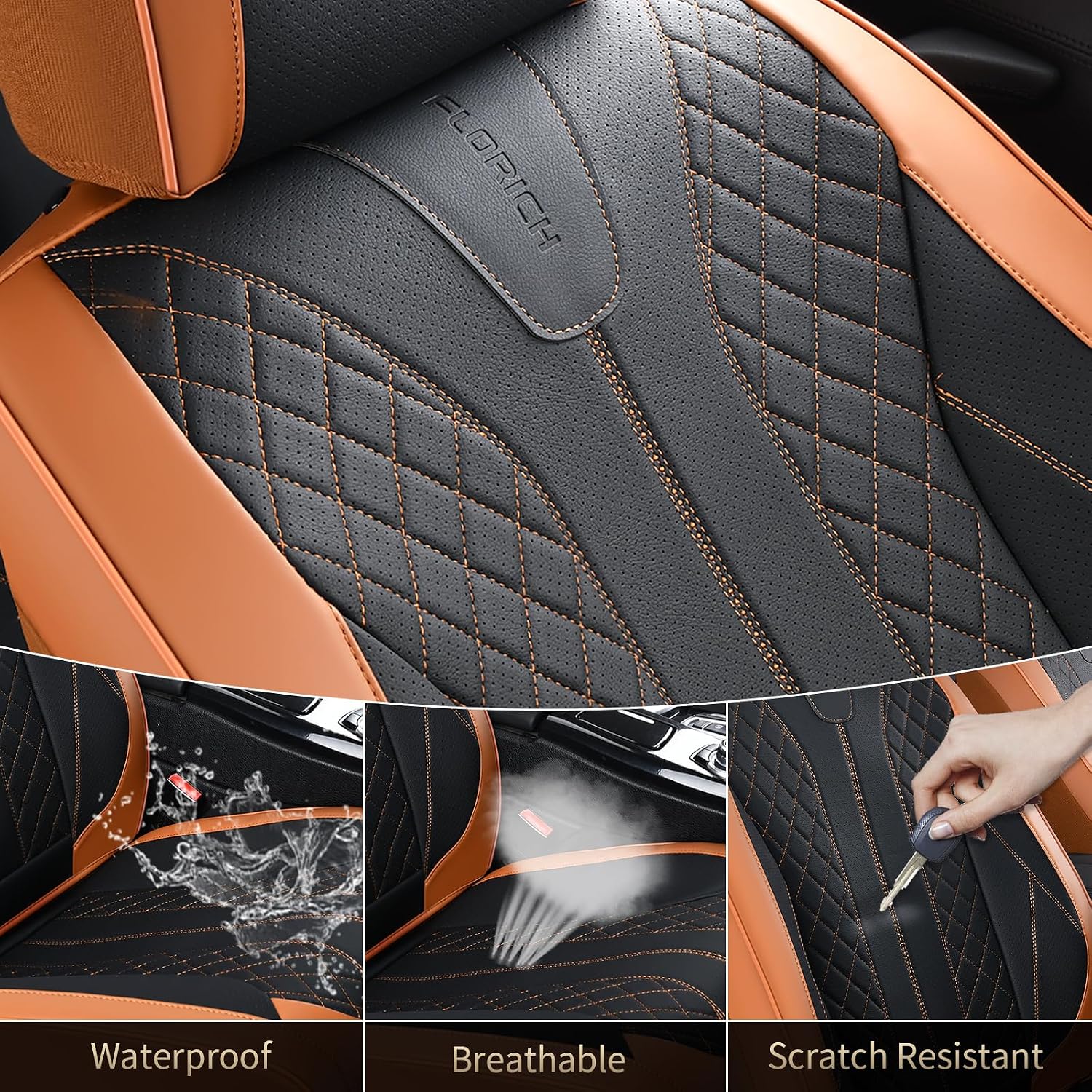 Detalle de FLORICH Leather Seat Covers for Cars (Front) – Waterproof Faux Leather, Universal Fit, Brown & Black