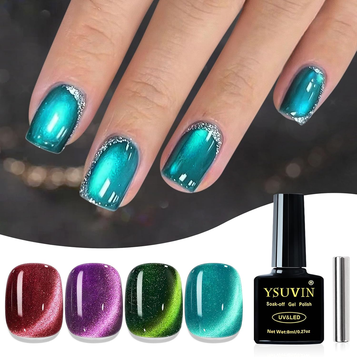 Detalle 2 de YSUVIN UV-Cat-Eye Nagellack (9D) mit Magnetstift – 4 Farben Rot/Lila/Grün/Blau, 8 ml