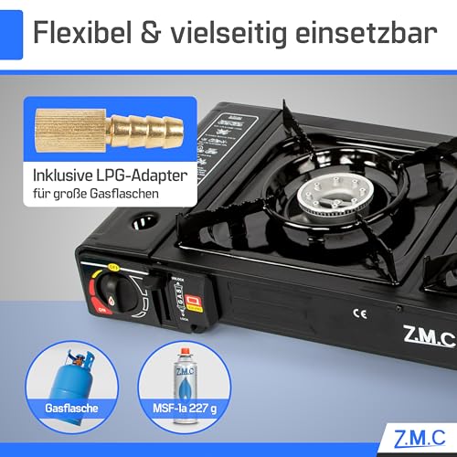 Detalle de Z.M.C Gaskocher Campingkocher 2-flammig 2,5 kW – inkl. 12x 227 g Kartuschen und Adapter