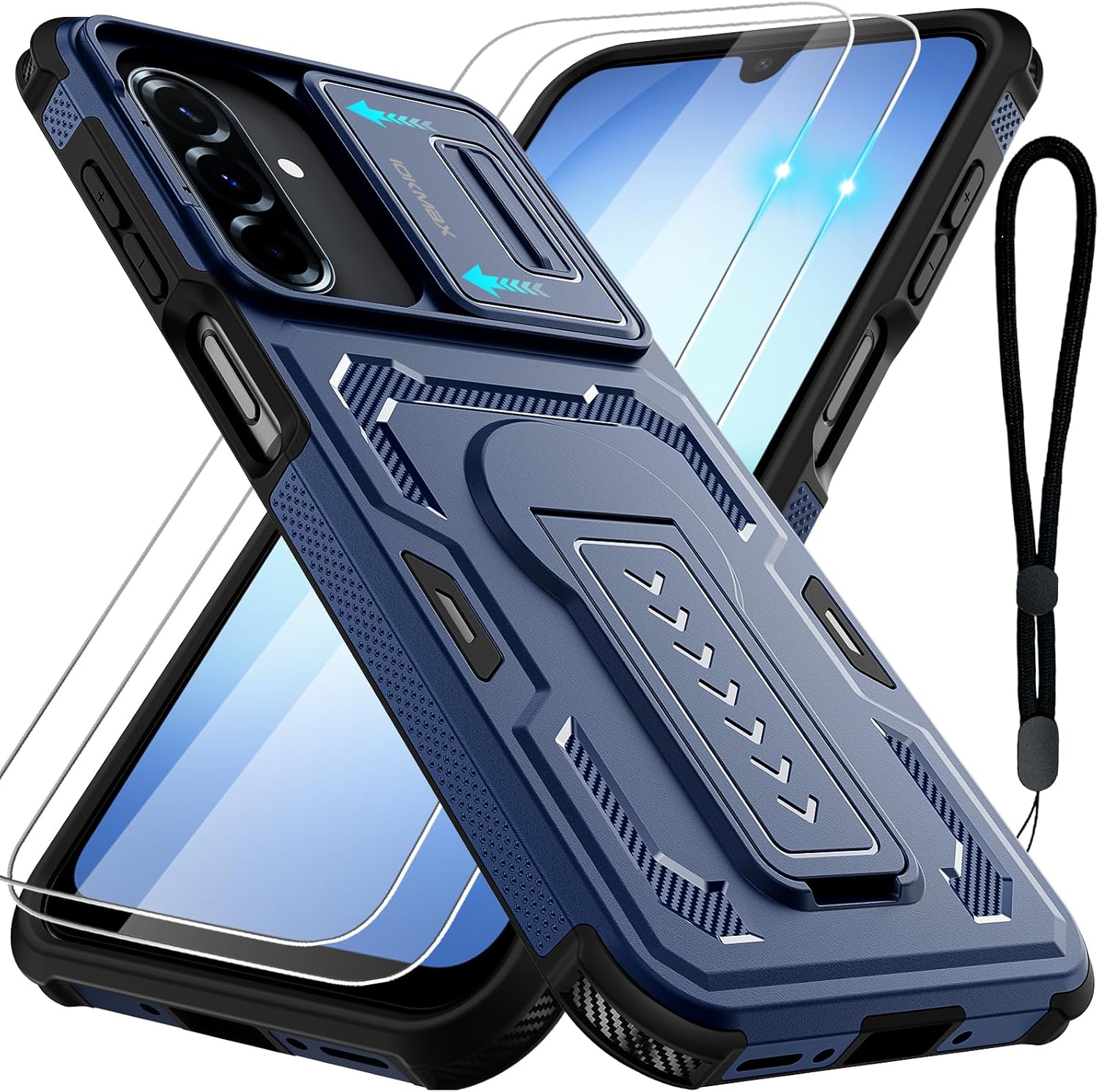 Detalle de Iokmax Case for Samsung Galaxy A17 / A16 / A26 (4G/5G) with 2 Screen Protectors, Slide Camera Cover, Kickstand and Lanyard – Blue