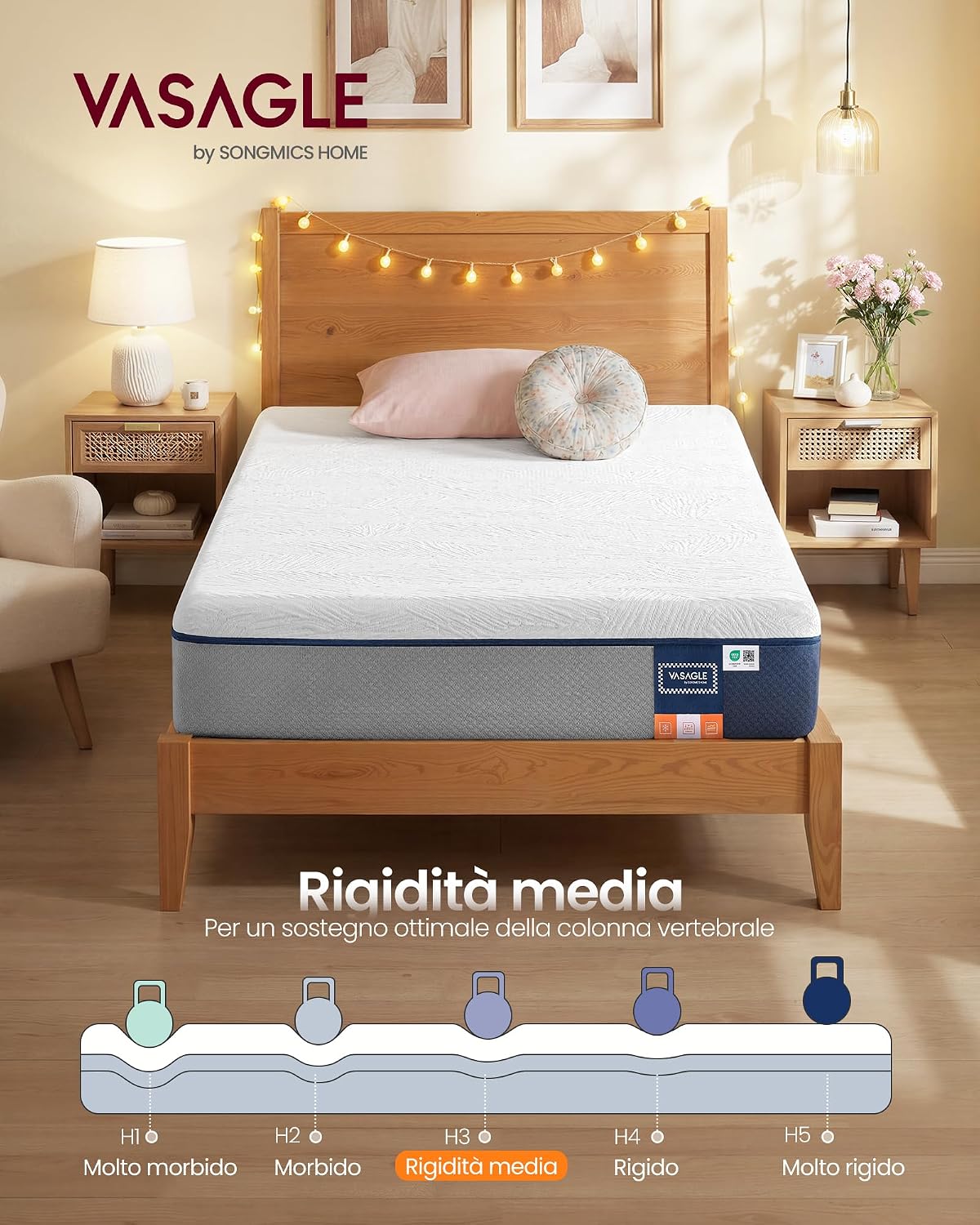 Detalle de VASAGLE Materasso singolo 80 x 190 cm RMZ203QZ01 – Memory Foam con Gel, 7 Zone, 20 cm di Spessore, fodera lavabile