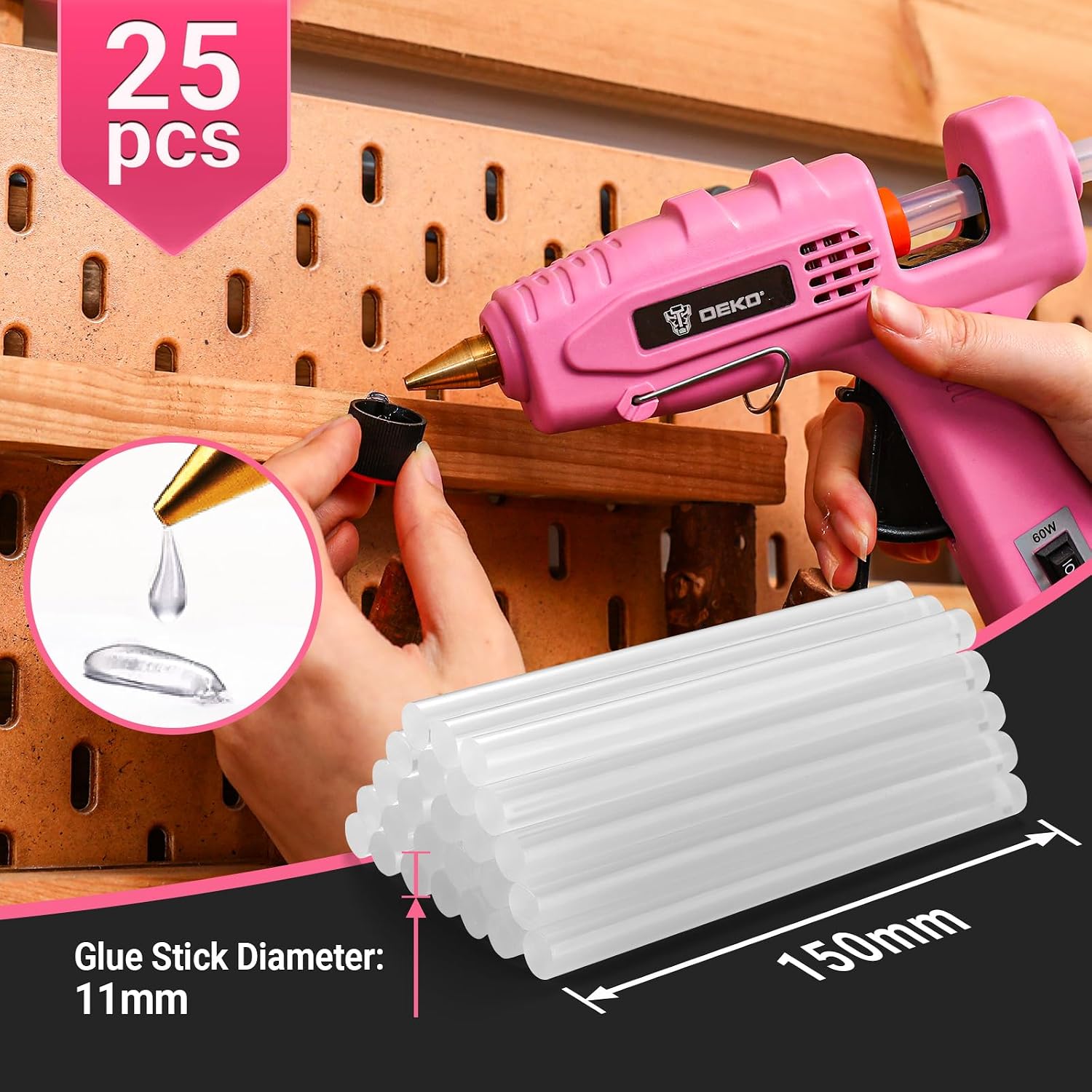Detalle de DEKO Pistola Colla a Caldo 60/100 W Doppia Temperatura con 25 Bastoncini – Per Fai da Te, Scuola e Imballaggi