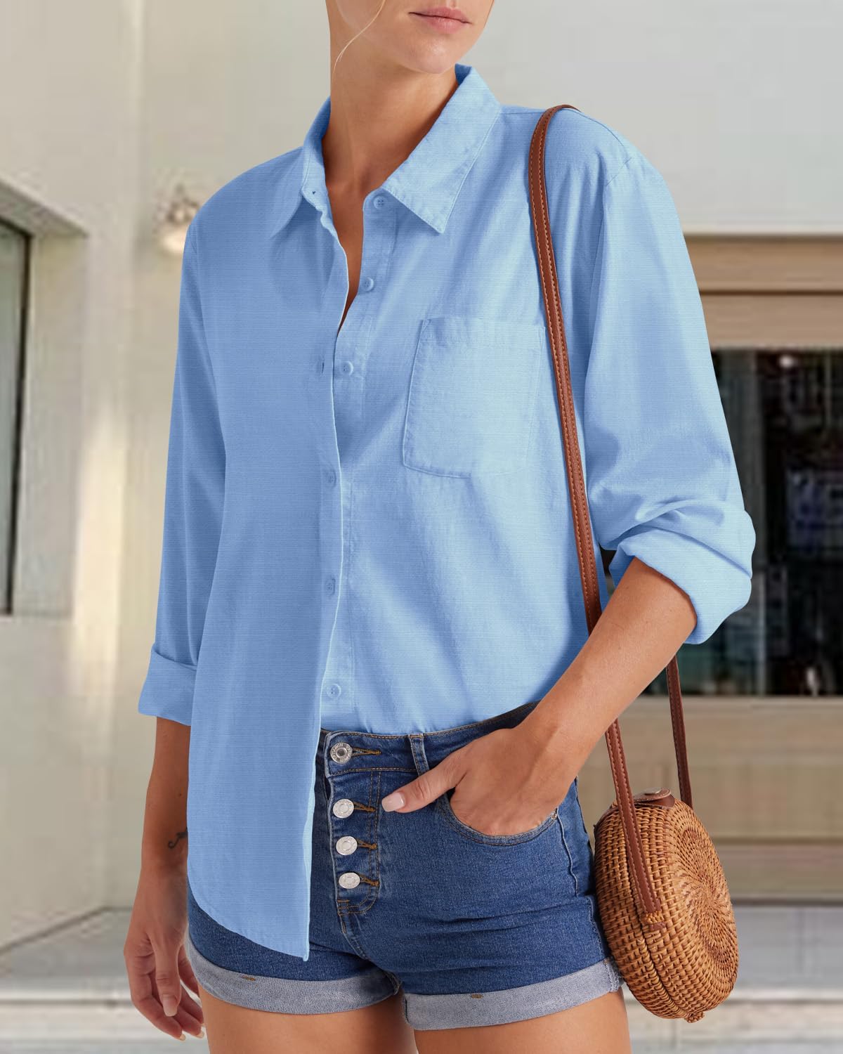 Detalle de Friptspyg Damenbluse – Lässige Langarm Hemdbluse mit V-Ausschnitt, 100% Baumwolle, Tasche