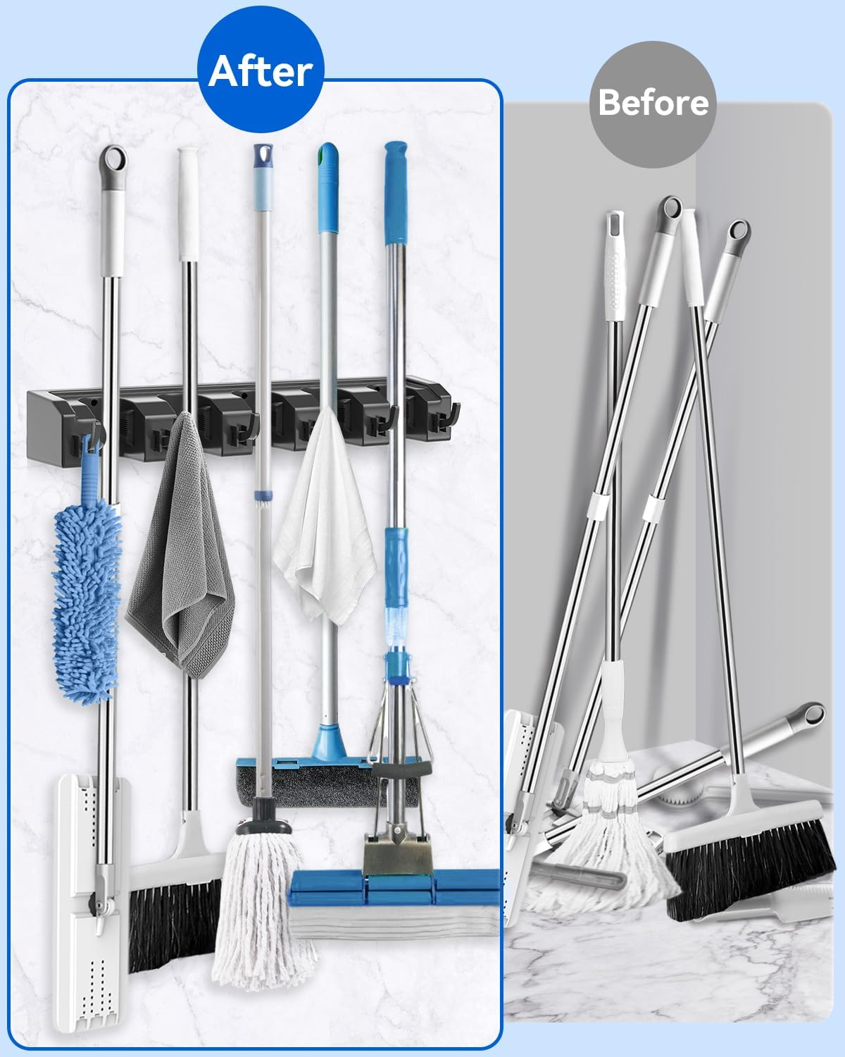 Detalle de AceMining Wall Mounted Broom Mop Holder: Heavy-Duty, 5 Holders & 6 Hooks, Black