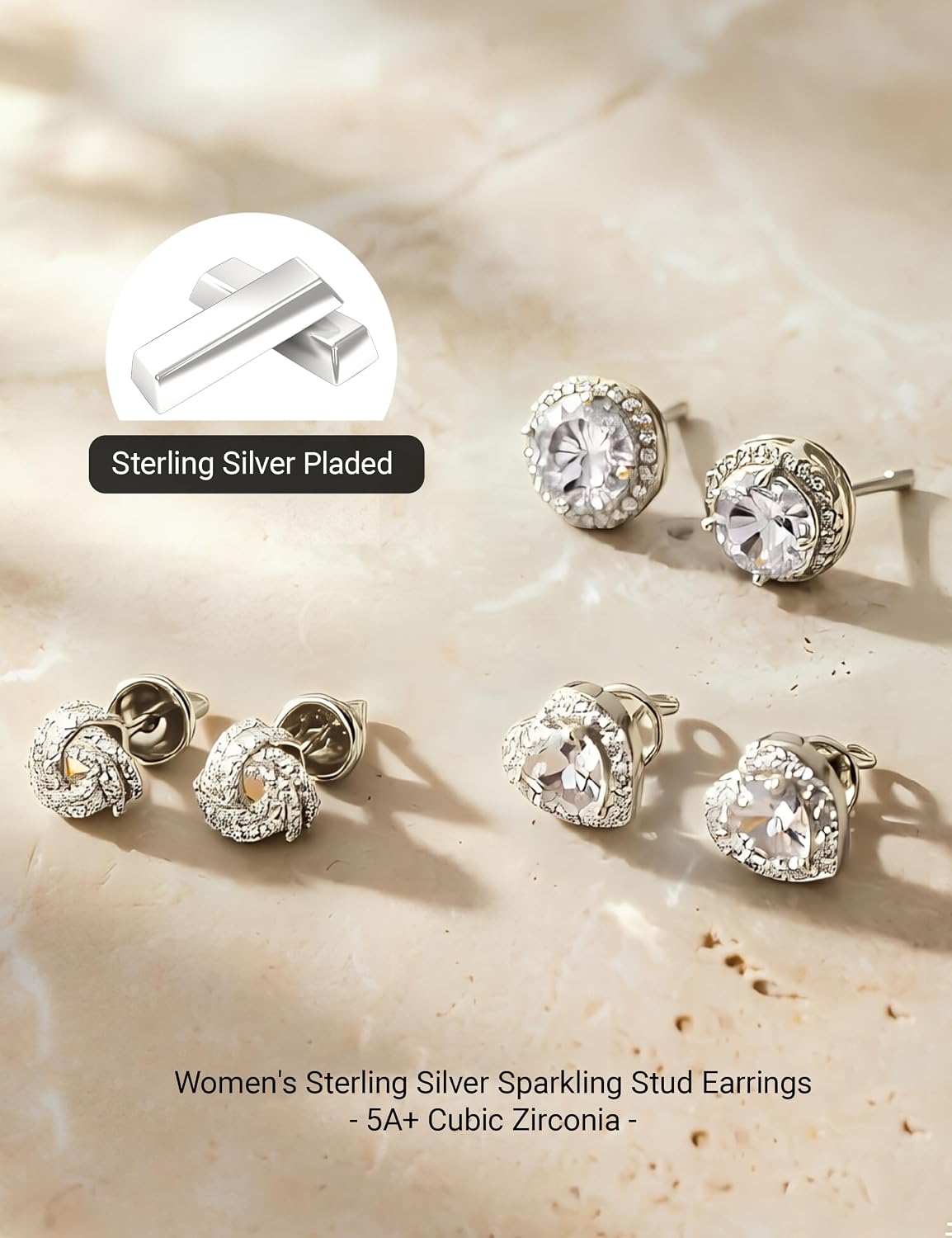 Detalle de Geveay 925 Sterling Silver Heart & Knot Stud Earrings – 3 Pairs