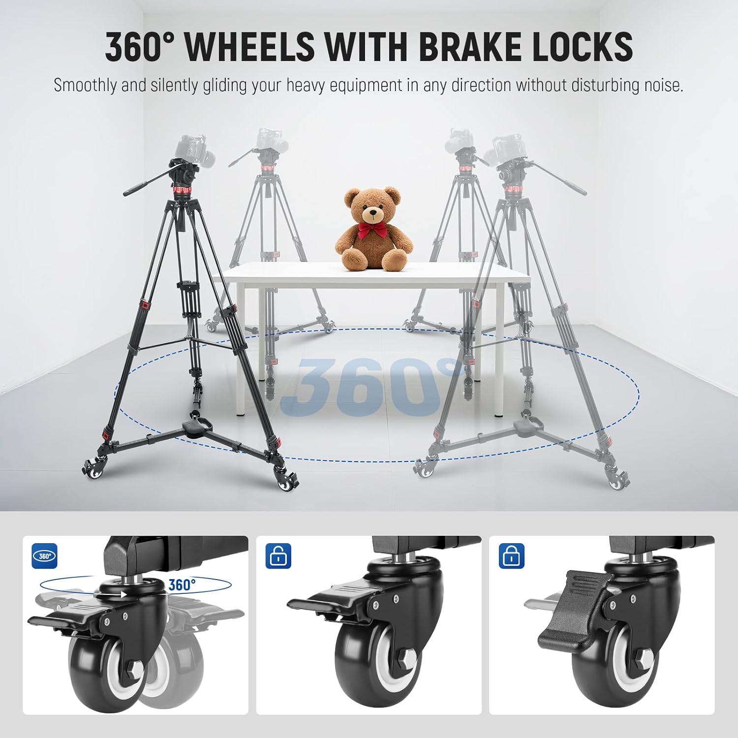 Detalle de Neewer TS012 Photography Tripod Dolly with 3" Rubber Wheels, Quick Lock Release and Telescopic Legs