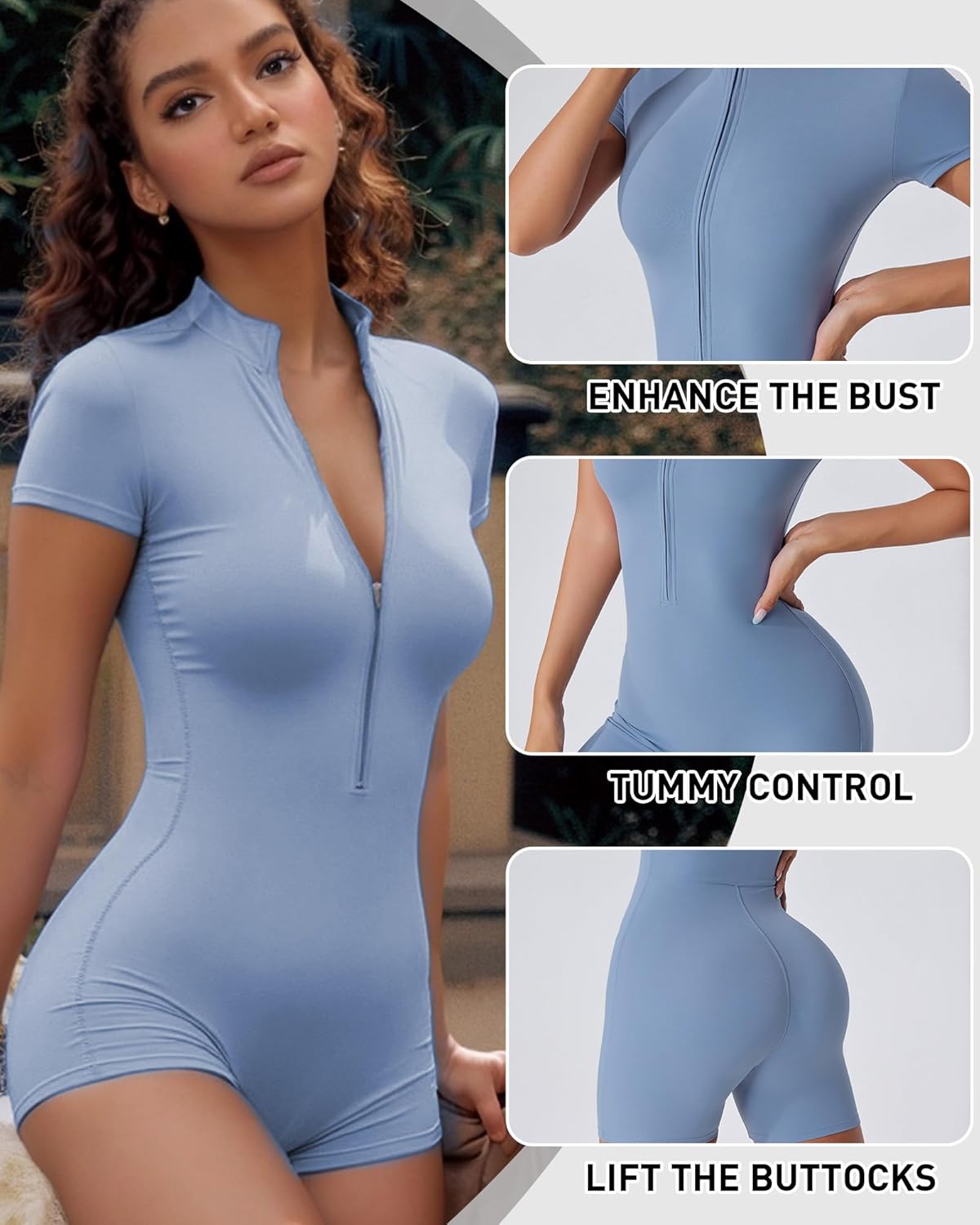 Thumbnail 2 de Merlvida Damen Sport-Jumpsuit kurz eng für Yoga, Fitness & Workout – nahtloser Ganzkörperanzug mit Reißverschluss