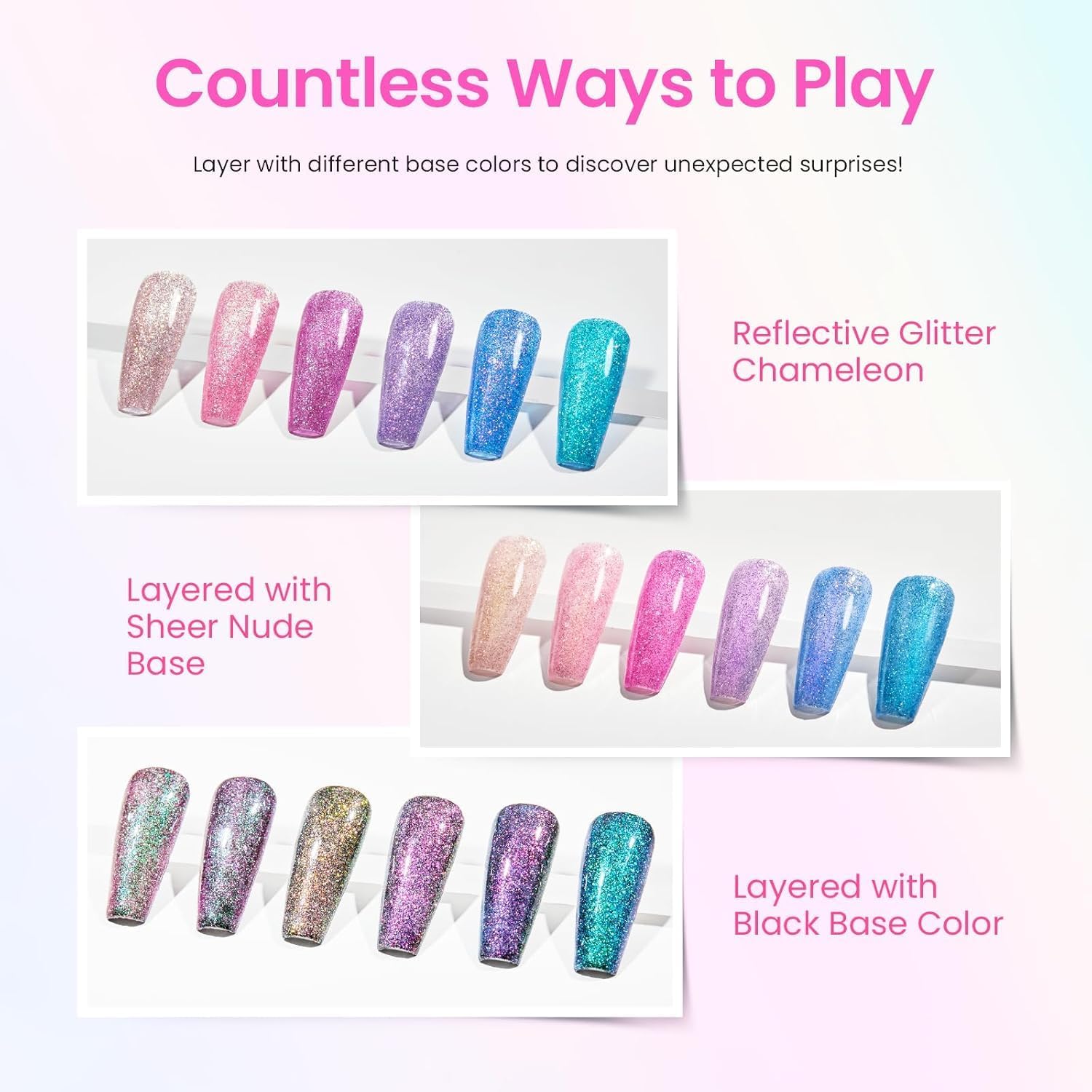 Detalle 2 de Beetles Chameleon Gel Nail Polish Set (6 Colors) – Sparkle Pink, Purple, Blue Glitter Chameleon UV/LED Gel Kit