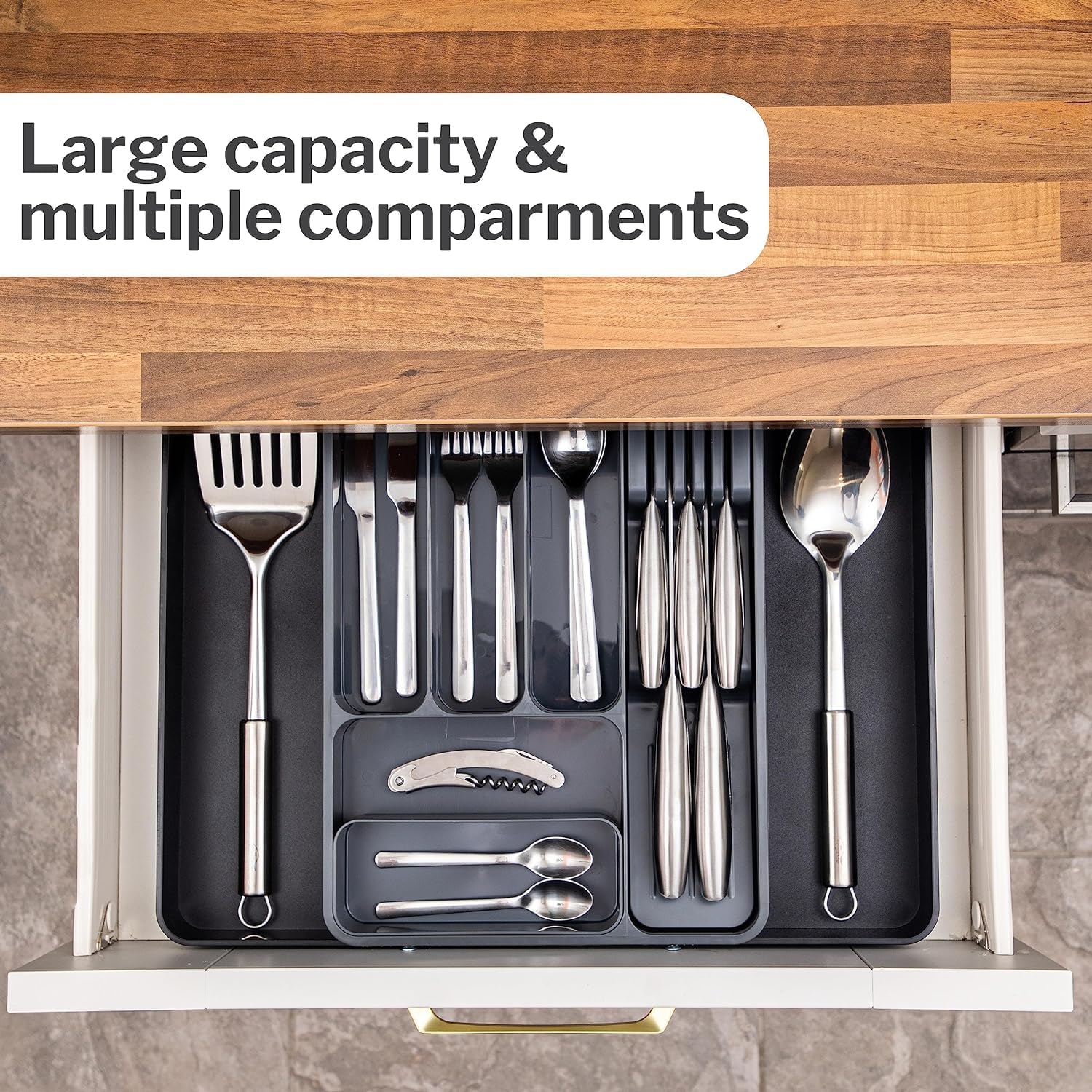 Thumbnail 5 de nuovva Cutlery Drawer Organiser – adjustable expandable utensil tray with removable dividers, black & grey