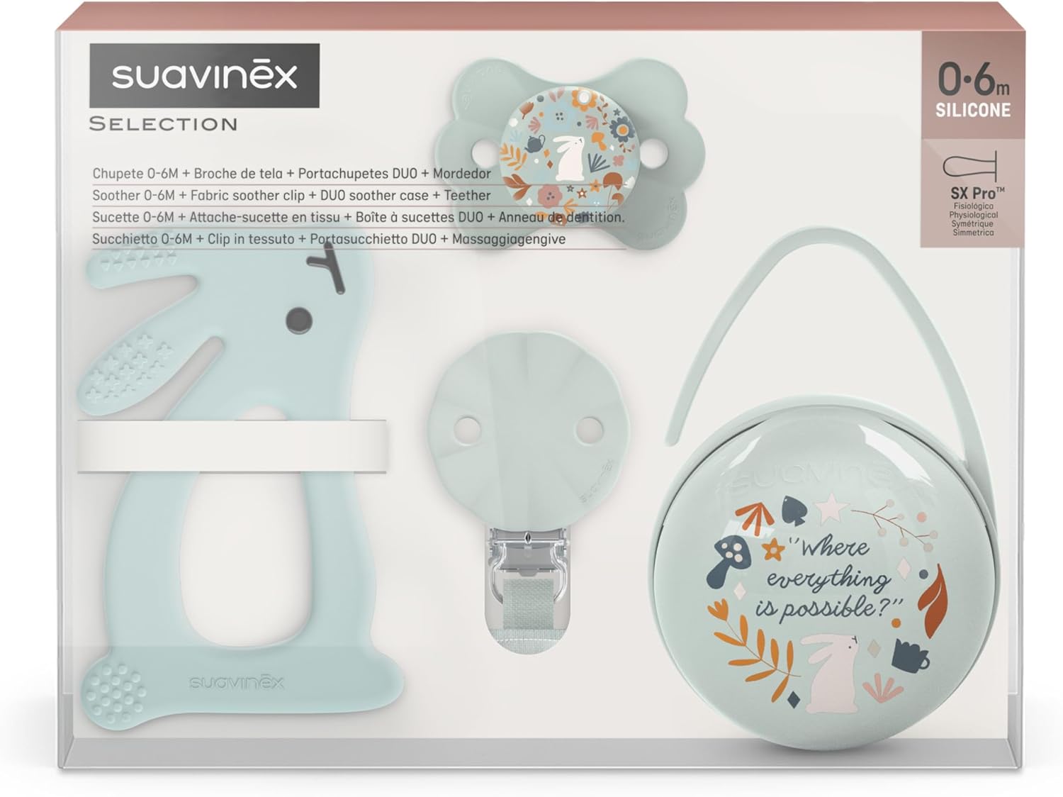 Detalle de Suavinex Cadeau Naissance Wonderland Vert — Coffret 4 pièces: Sucette SX Pro 0–6 mois, Attache, Boîte et Anneau de Dentition en Silicone