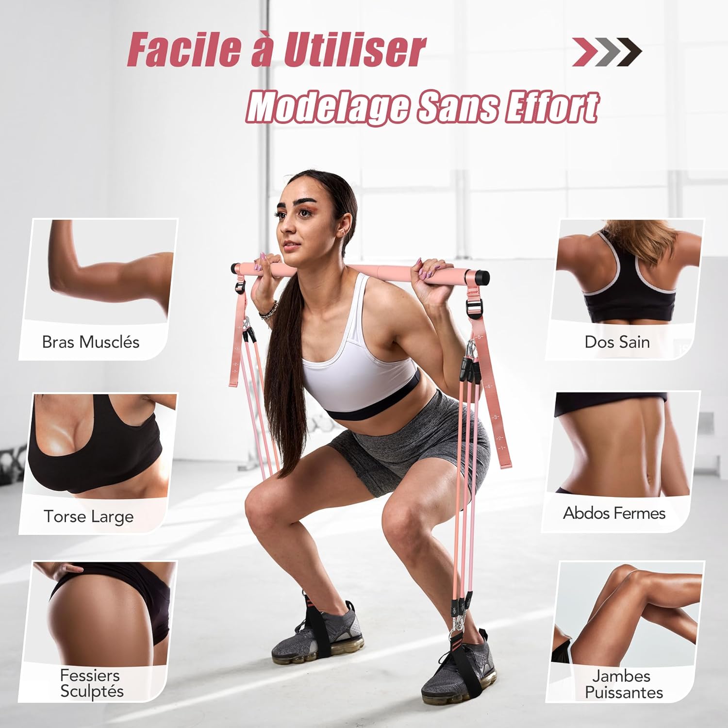 Thumbnail 3 de ALongSong kit Pilates maison avec barres inox, 6 élastiques 20–180 lbs et ancrage de porte