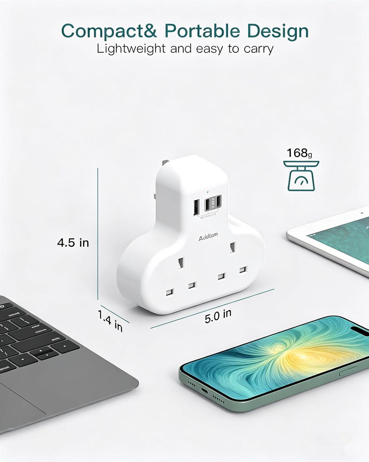 Thumbnail 3 de [2 Pack] Addtam Double Plug Extension: 2-Way Multi Socket with 3 USB ports (2 USB-C) for UK sockets