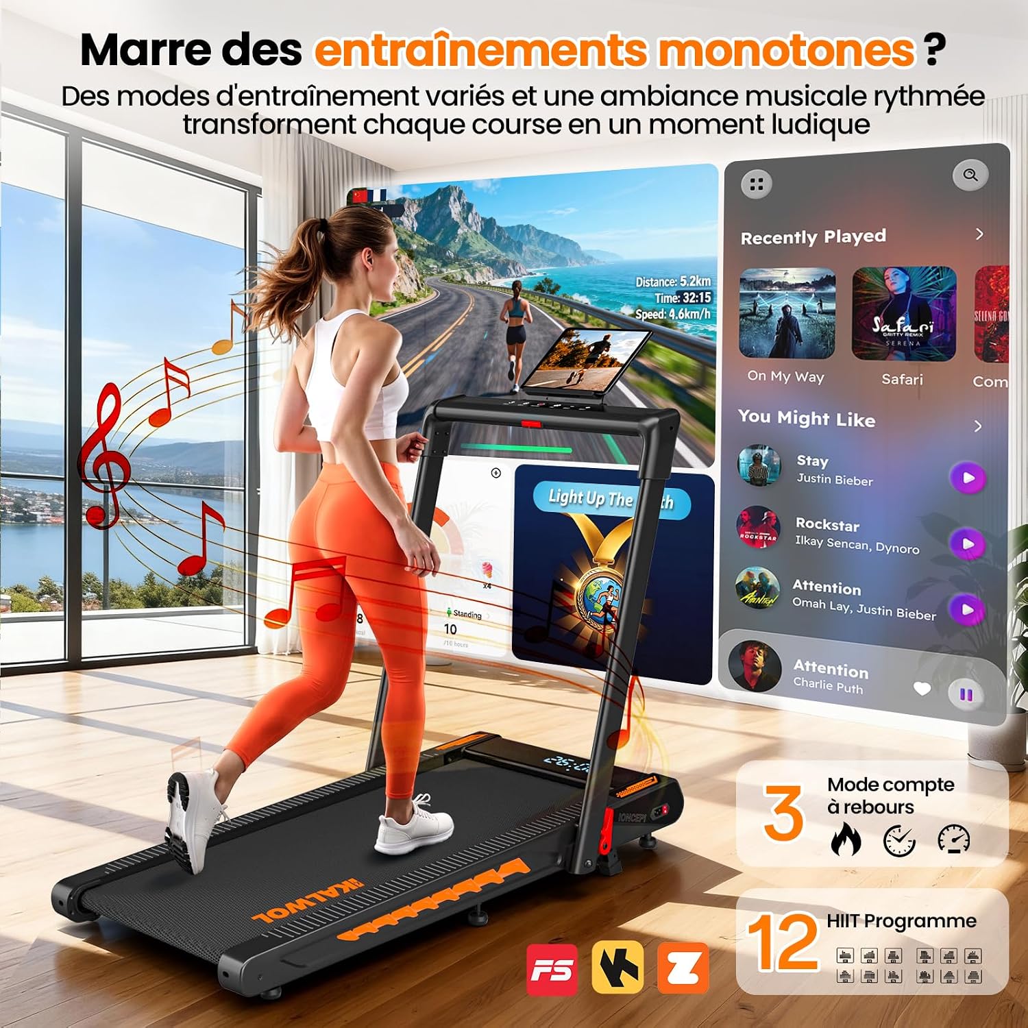 Detalle de Tapis de Course 6 en 1 Kalwol: pliable, inclinable à 10% et haut-parleur intégré