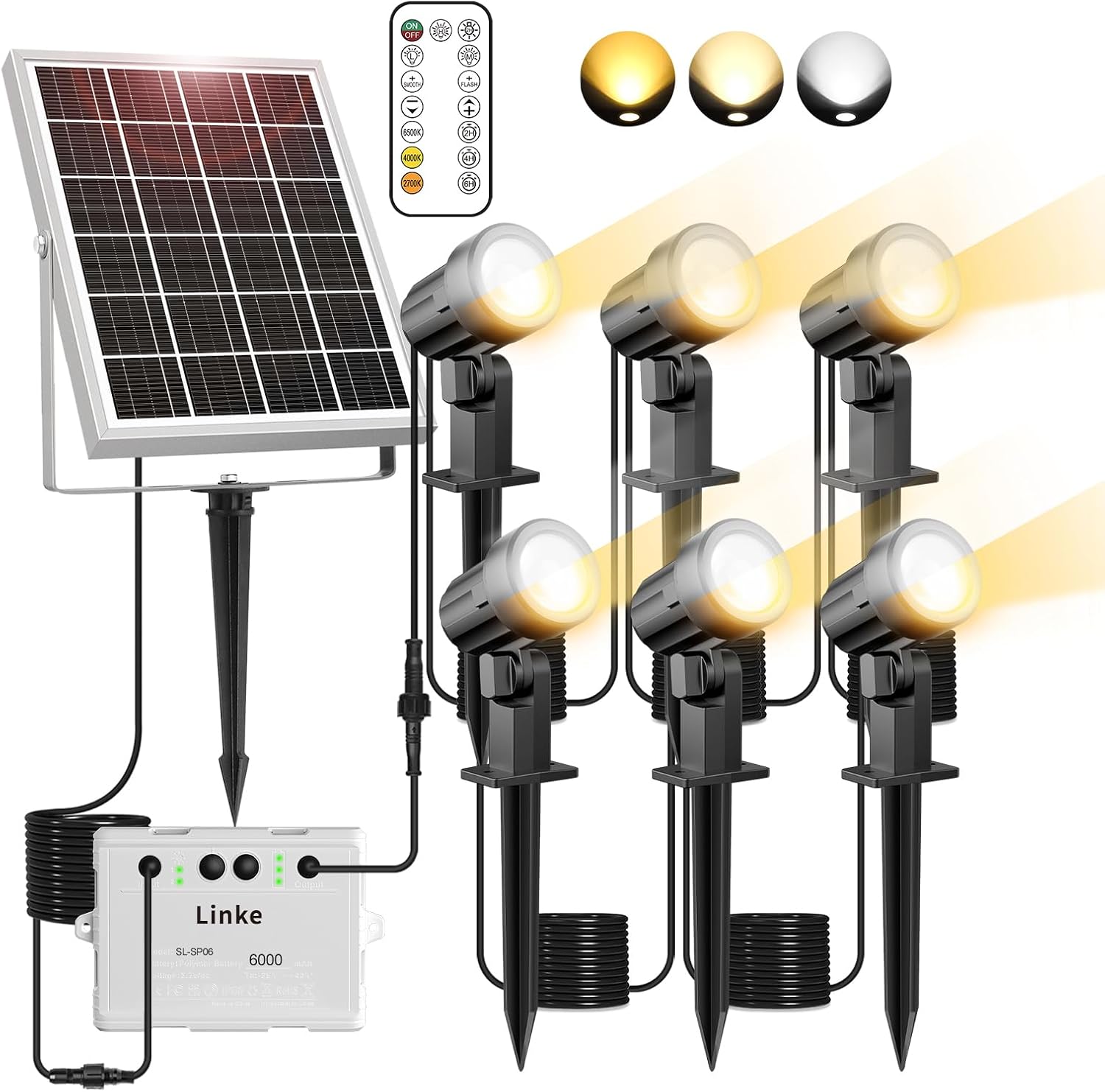 Detalle de Linke Solar Spot Lights Outdoor Garden (2700K/4000K/6000K) Adjustable 6-in-1 LED Solar Uplighters, IP66 waterproof