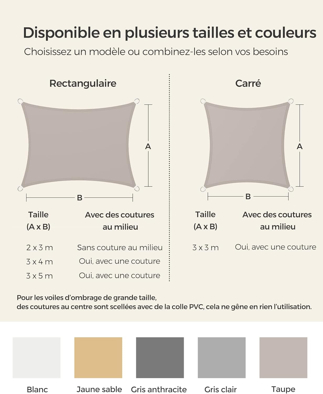 Thumbnail 5 de SONGMICS Voile d’ombrage imperméable 3 x 4 m (polyester indéchirable, UV 93%)