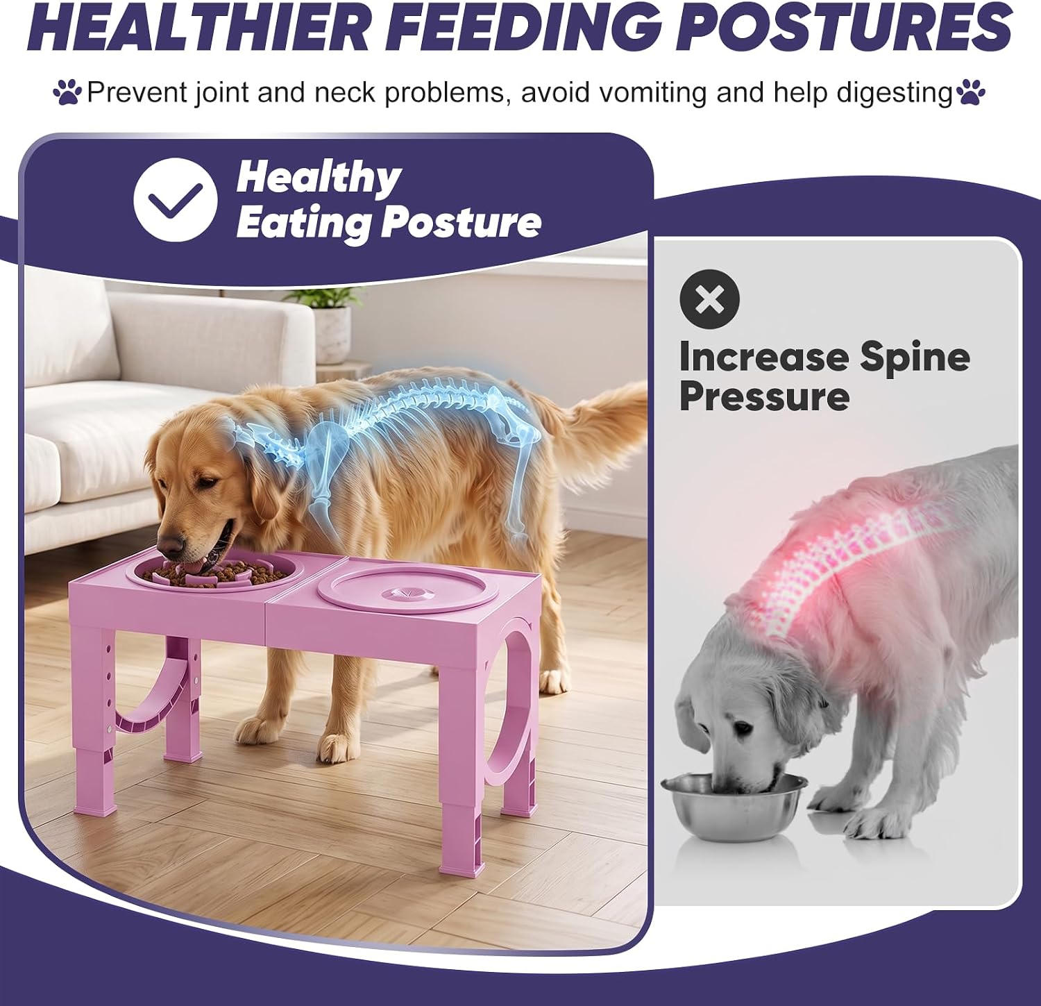 Detalle de XiaZ C-Pink New Elevated Dog Bowl Stand with Adjustable Height and Slow-Feed Bowls