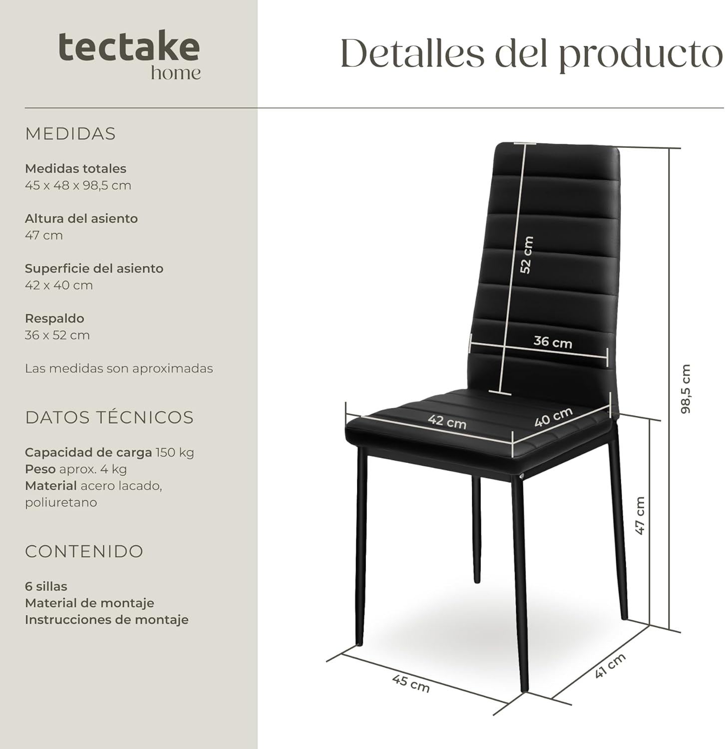 Detalle de TecTake® Sillas Comedor Acolchadas Modernas🪑, 6 Negros