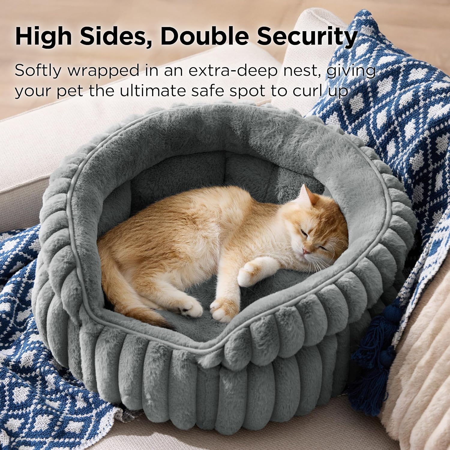 Detalle de BEDSURE flauschiges Katzenbett für Wohnungskatzen (51 x 51 cm) – waschbar, rutschfeste Basis, abnehmbares Kissen, grau