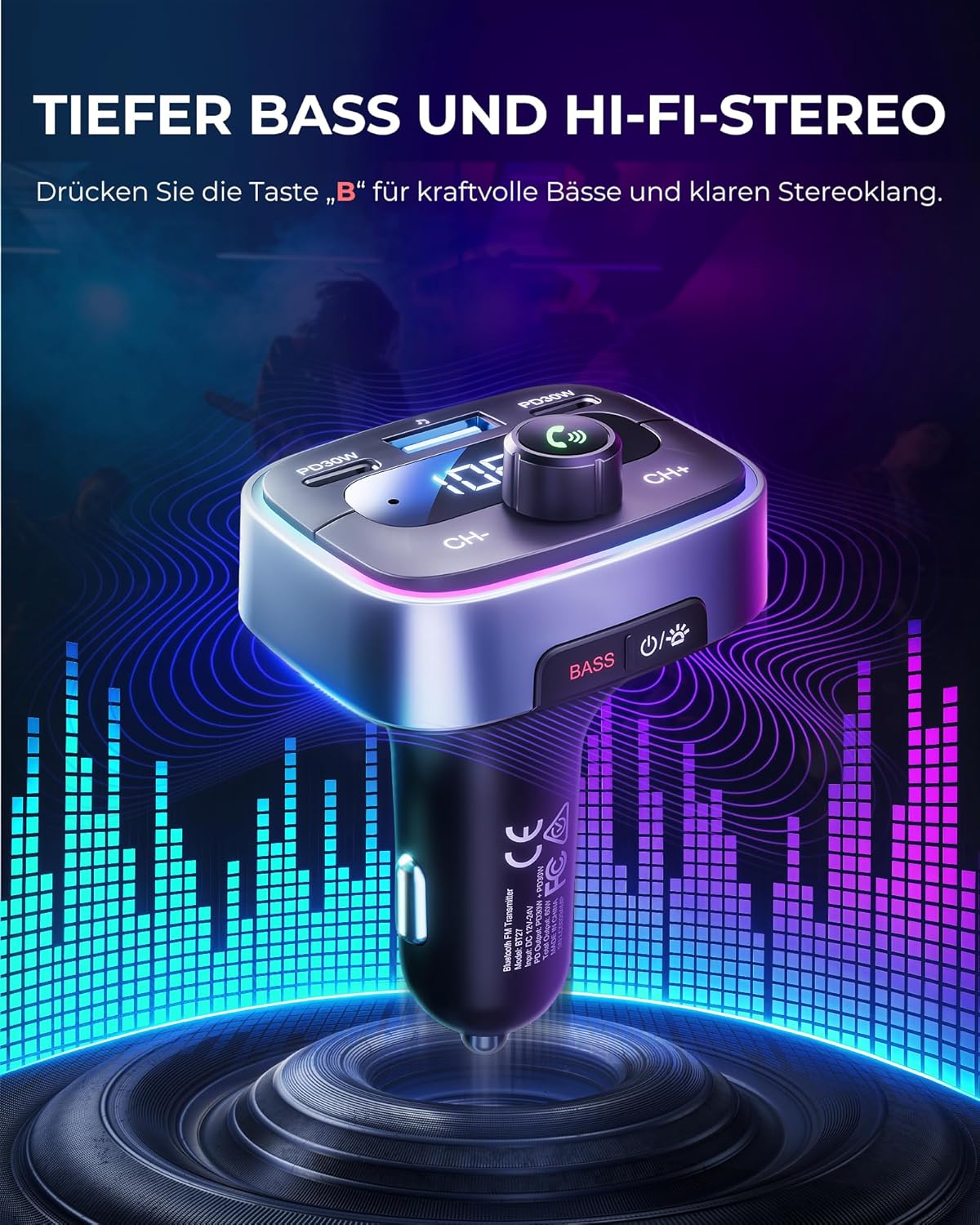 Detalle 2 de LENCENT Bluetooth 5.4 FM Transmitter 60 W