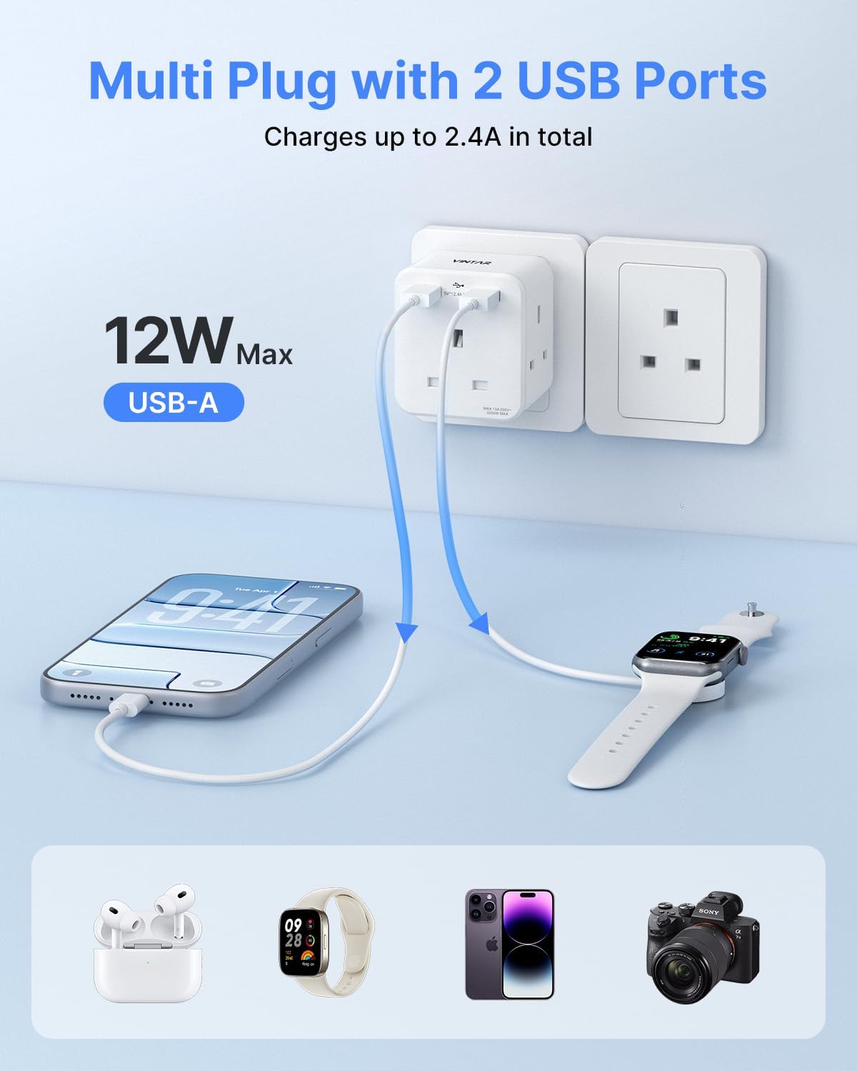 Thumbnail 2 de VINTAR Plug Adaptor with 2 USB and 3-way UK 13A socket extension (White)
