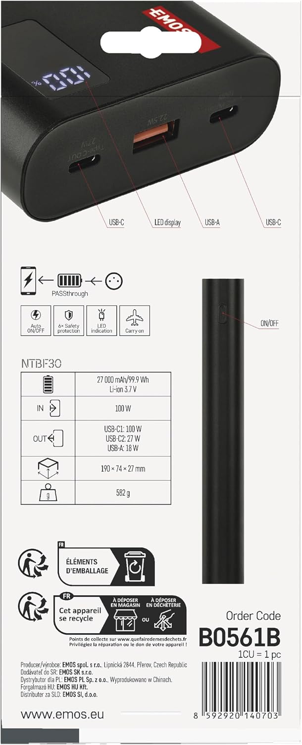 Detalle de EMOS NTBF30 – powerbank 27 000 mAh, USB-C PD 100 W i ładowanie przelotowe