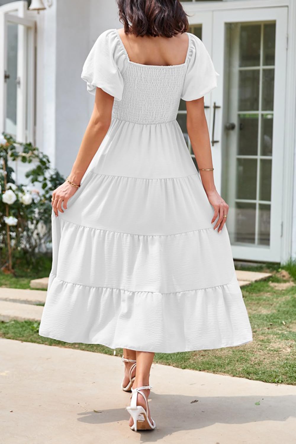 Detalle de Vcindai Damen A-Linie Kleid – Sommer Midi mit Puffärmeln