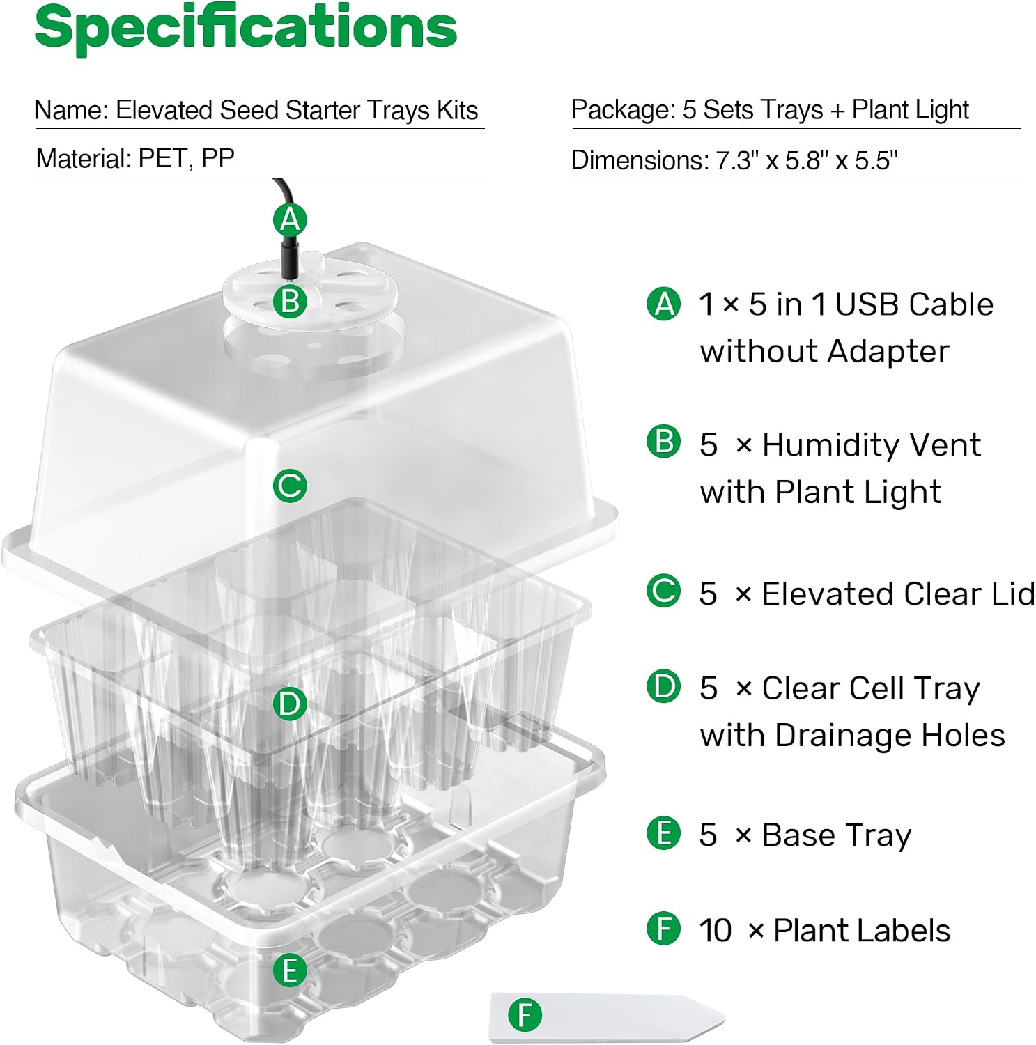 Detalle de Bonviee No1 Seed Starter Trays, 60 Cells, 12-LED Grow Lights, Clear 5-Pack