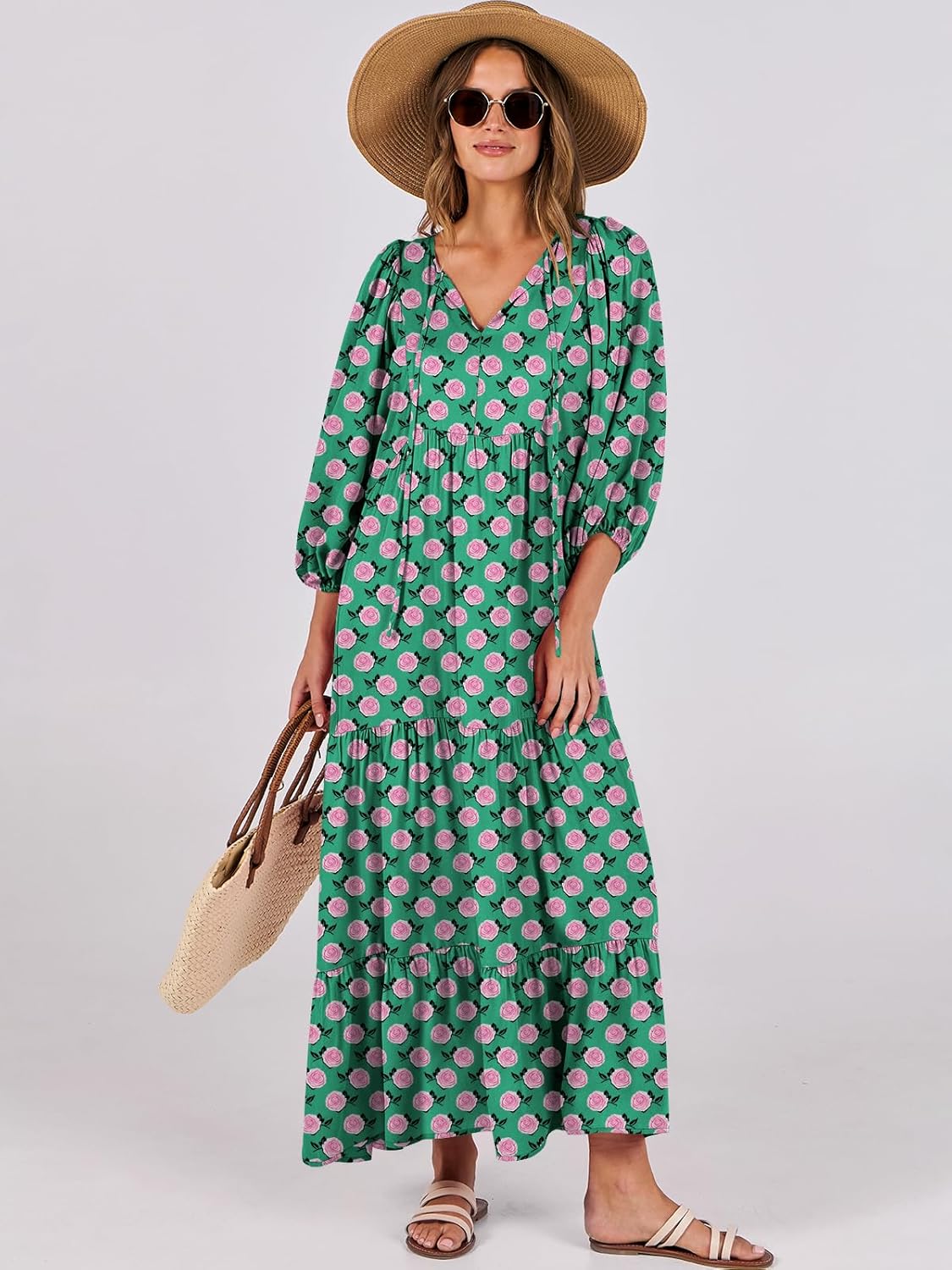 Thumbnail 6 de ANRABESS Womens Boho Maxi Dress 2026 Summer V Neck Puff Sleeve Floral Flowy Swing Dress