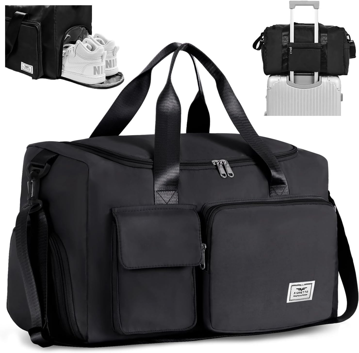 Detalle de Fioretto FIORETTO 35L Damen Sporttasche: faltbare Reisetasche mit Schuhfach & Nassfach