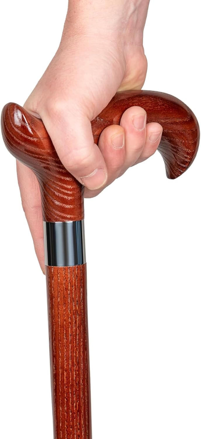 Detalle de Dr. Watson Classic Derby Gehstock – handgefertigter Eschenholz-Stock mit polierter Edelstahlmanschette