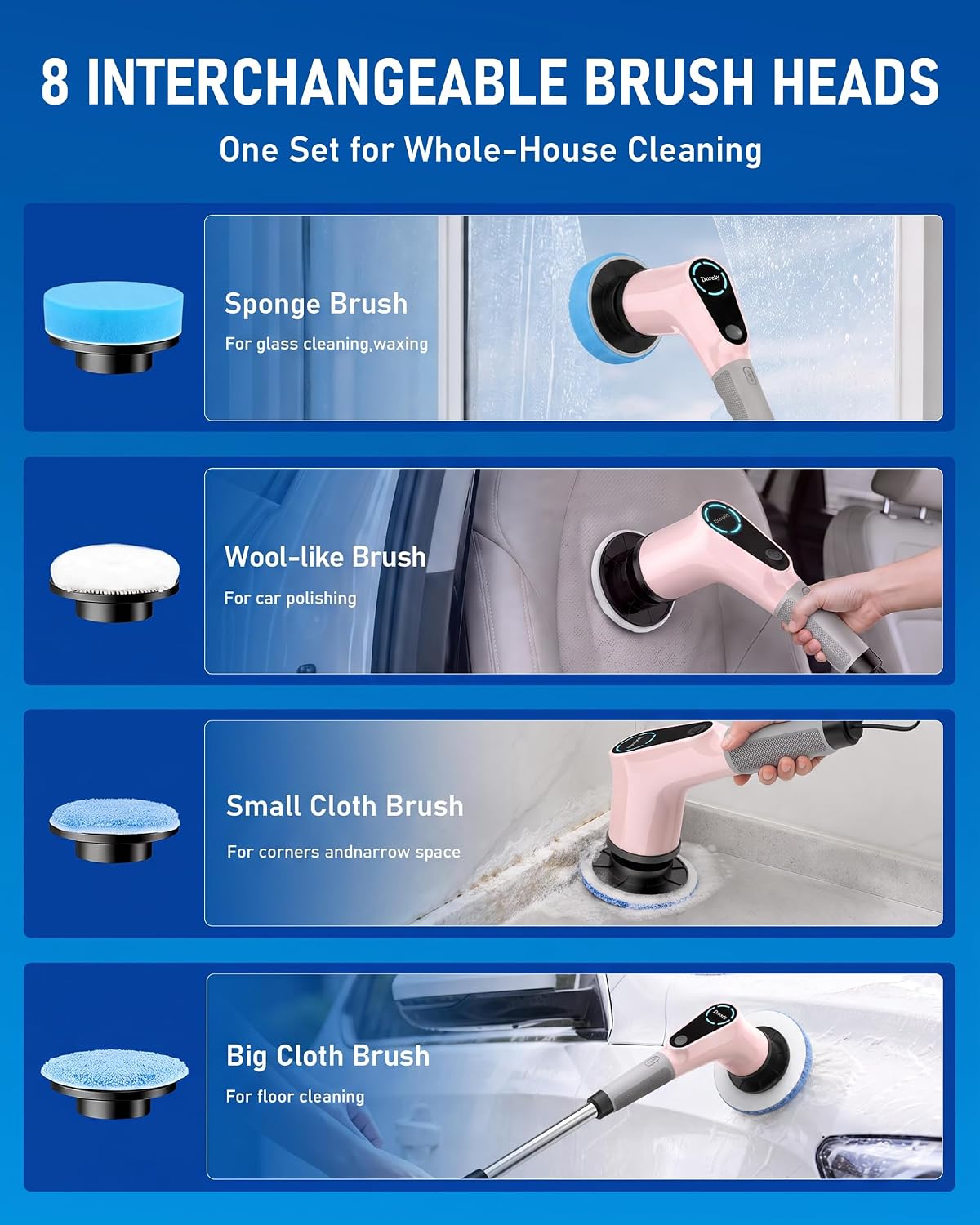 Detalle 1 de Dovety CB02 Electric Spin Scrubber, Extendable Handle, 8 Brush Heads, Pink