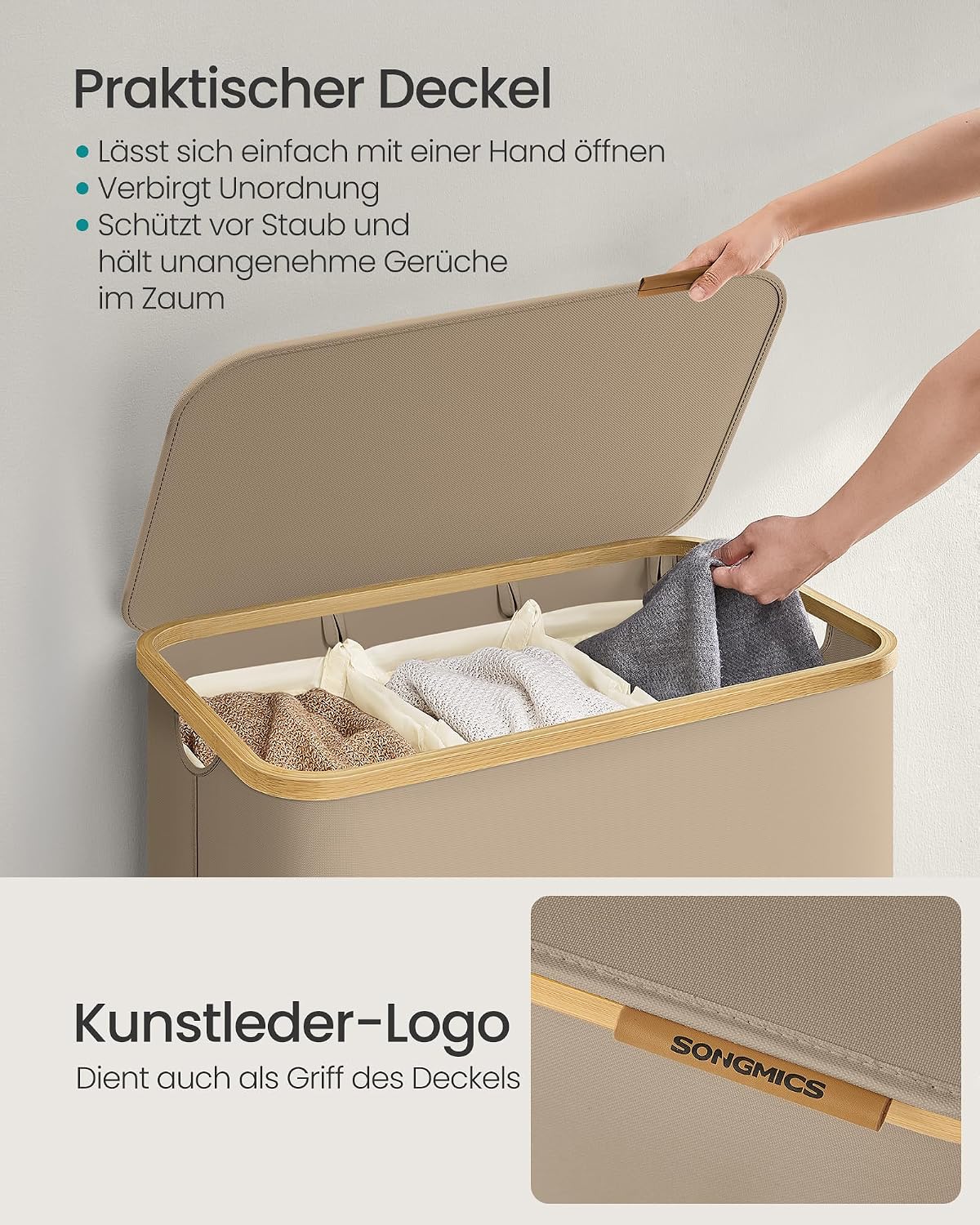 Detalle 2 de SONGMICS Wäschekorb mit Deckel – 3 Fächer, 150 L, zusammenklappbar, Kamelfarben, 60 x 38,5 x 70,5 cm