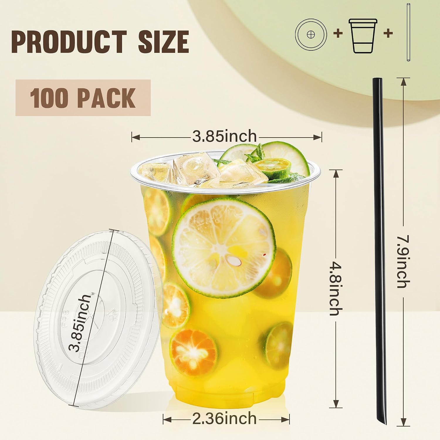 Detalle de DI QIU REN 16 oz Clear PET Cups with Flat Lids and Black Straws, 100 Count