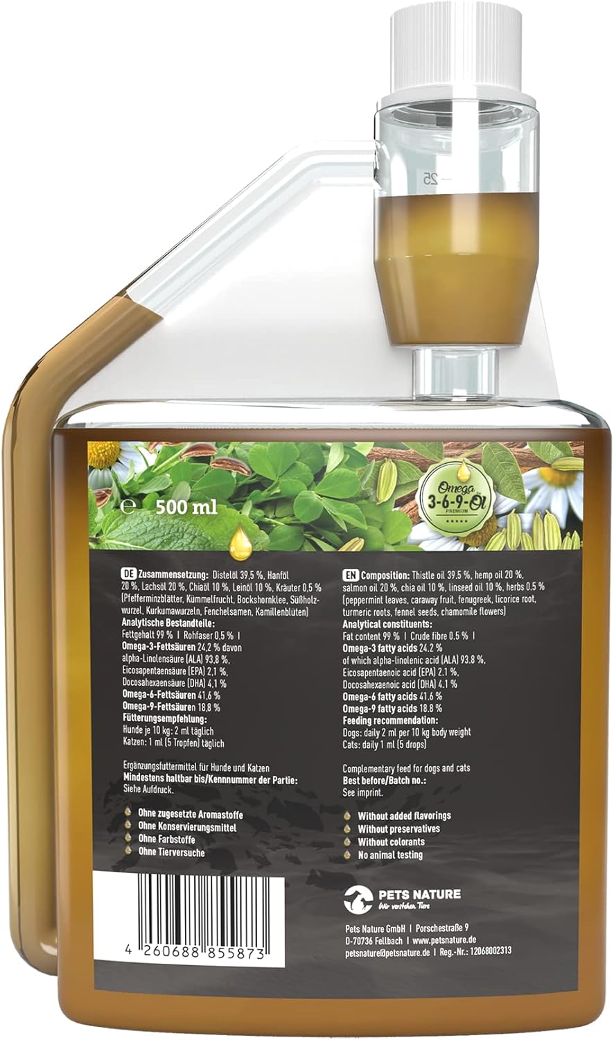 Detalle de Pets Nature Omega 3-6-9 Öl für Hunde und Katzen – Premium Kräuter-Öl mit Distel, Hanf, Lachs, Chia und Lein, 500 ml
