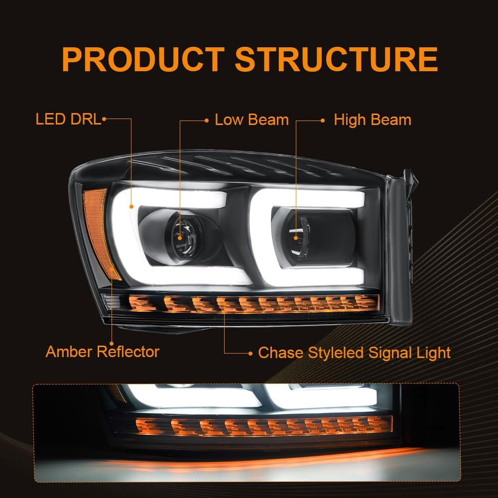 Thumbnail 2 de DimFlux LED DRL Headlights for Dodge Ram 1500 (2006-2008) and Ram 2500/3500 (2006-2009) — Black Housing, Amber Reflector