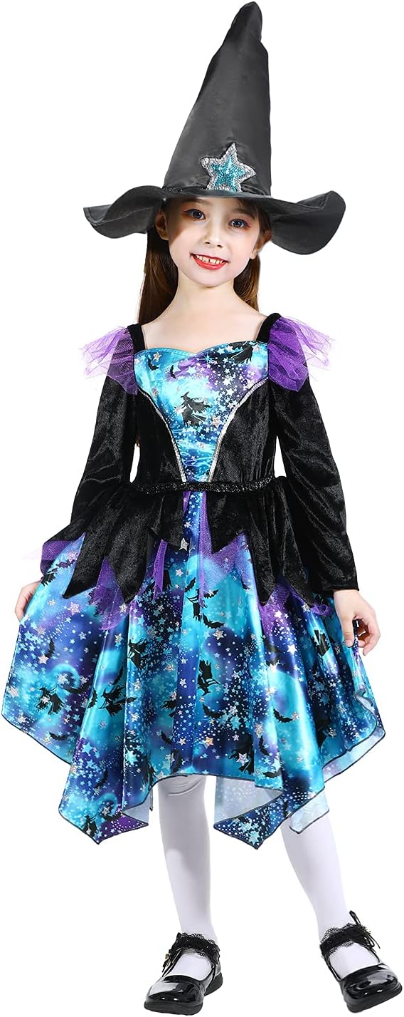 Detalle 2 de SPUNICOS Sparkle Witch heksenkostuum met blauwe glitterrok en hoed, 5-6 jaar