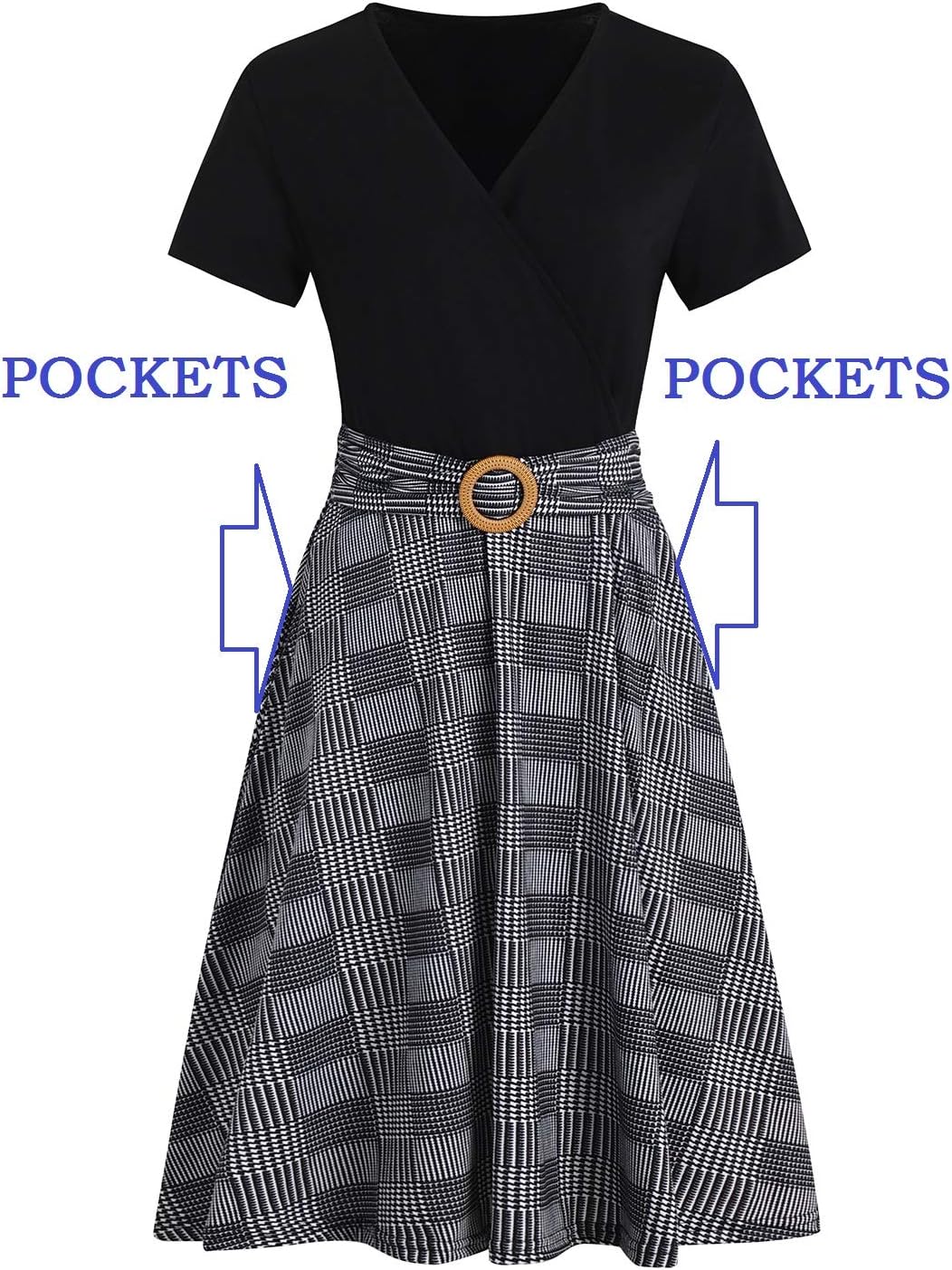 Thumbnail 6 de Women's Elegant Criss-Cross V Neck Vintage Short Sleeve Fit and Flare Tea Dress with Pockets 980