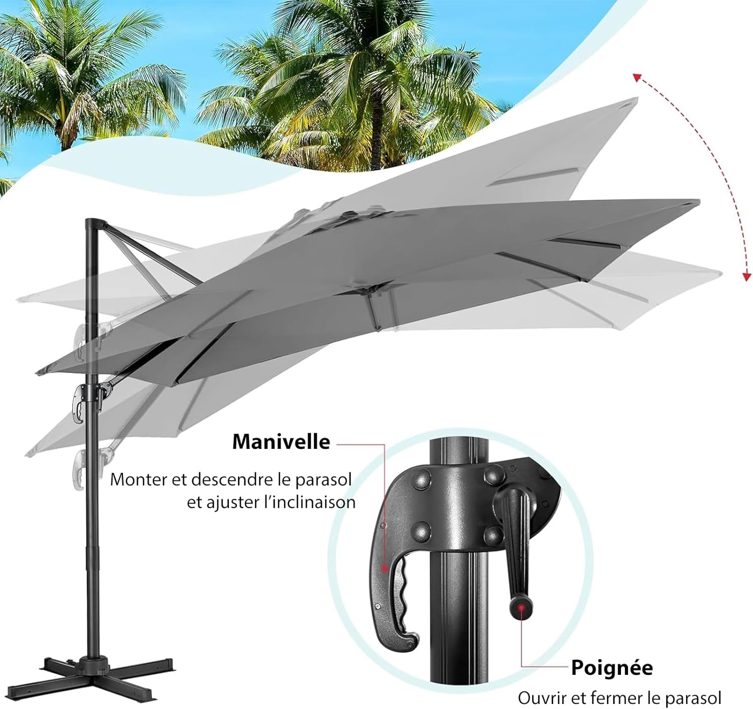Thumbnail 3 de GOPLUS Parasol de Jardin Déporté 3x3 m – Toile inclinable, rotation 360°, gris
