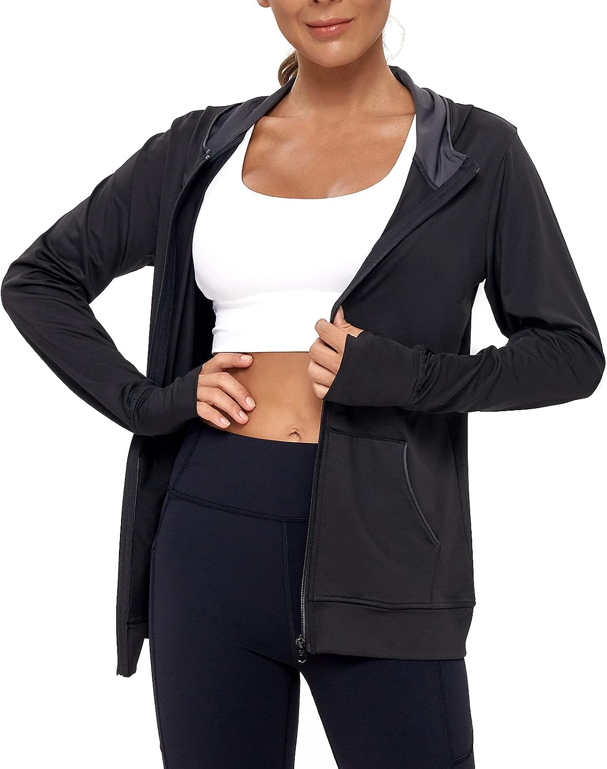 Thumbnail 2 de AMZSPORT Damen Laufjacke mit Kapuze, durchgehender Reißverschluss & Daumenlöchern für Training, Yoga & Fitness